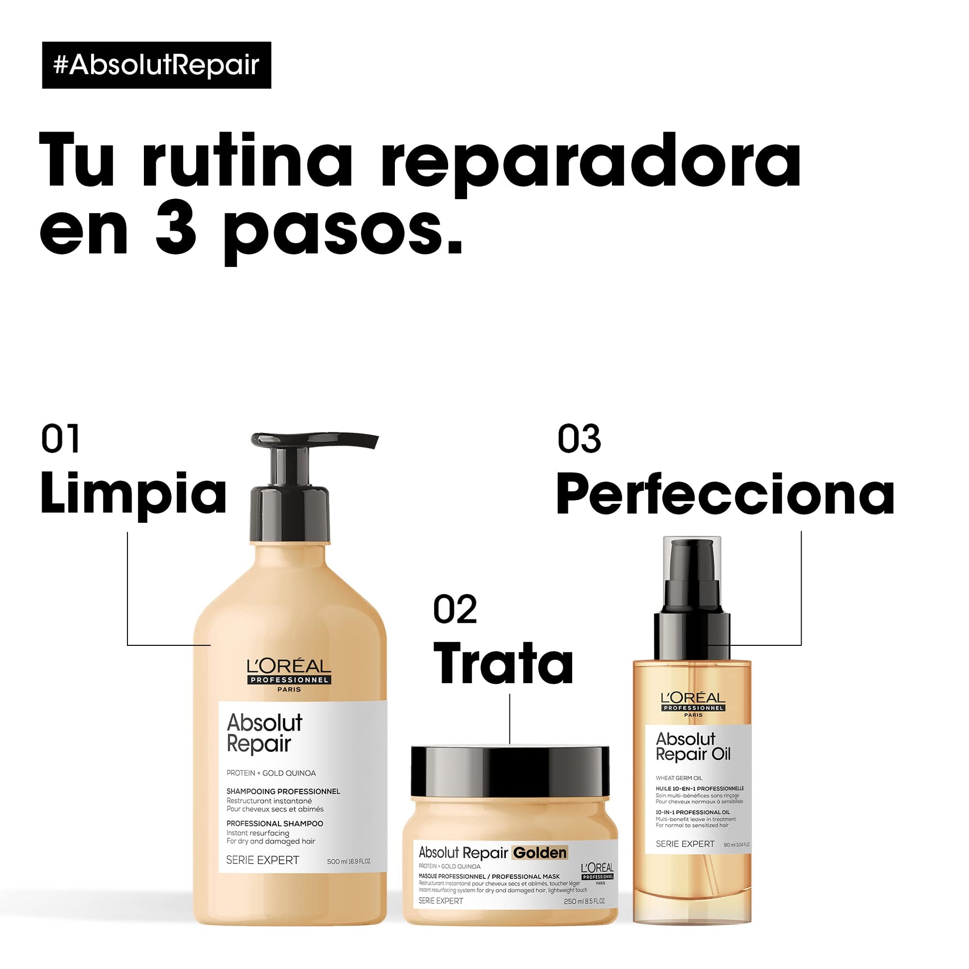 L'Oreal Professionnel Shampoo Reparador Para Cabello Danado 500 Ml Serie Expert Absolut Repair Gold + Acondicionador reparador para cabello danado 200 ml + Suero reparador de cabello danado 90 ml