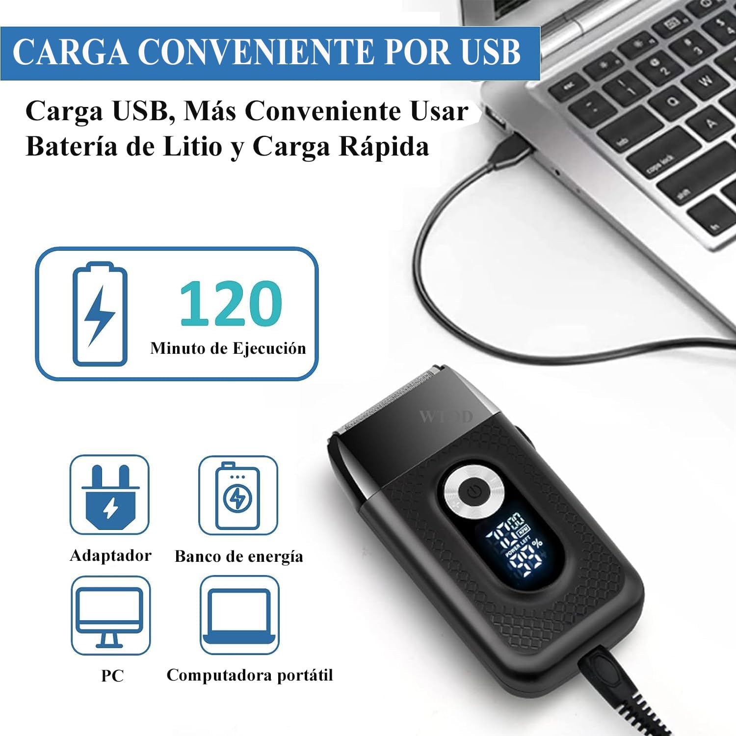 WTDD 2 en 1 Afeitadora Eléctrica para Hombre, Resistente al Agua, Con Recortadora De Precisión, Recargable por USB, Maquinilla De Afeitar Led Para Bigote, Maquinillas de Afeitar para el Hogar de Los Hombres