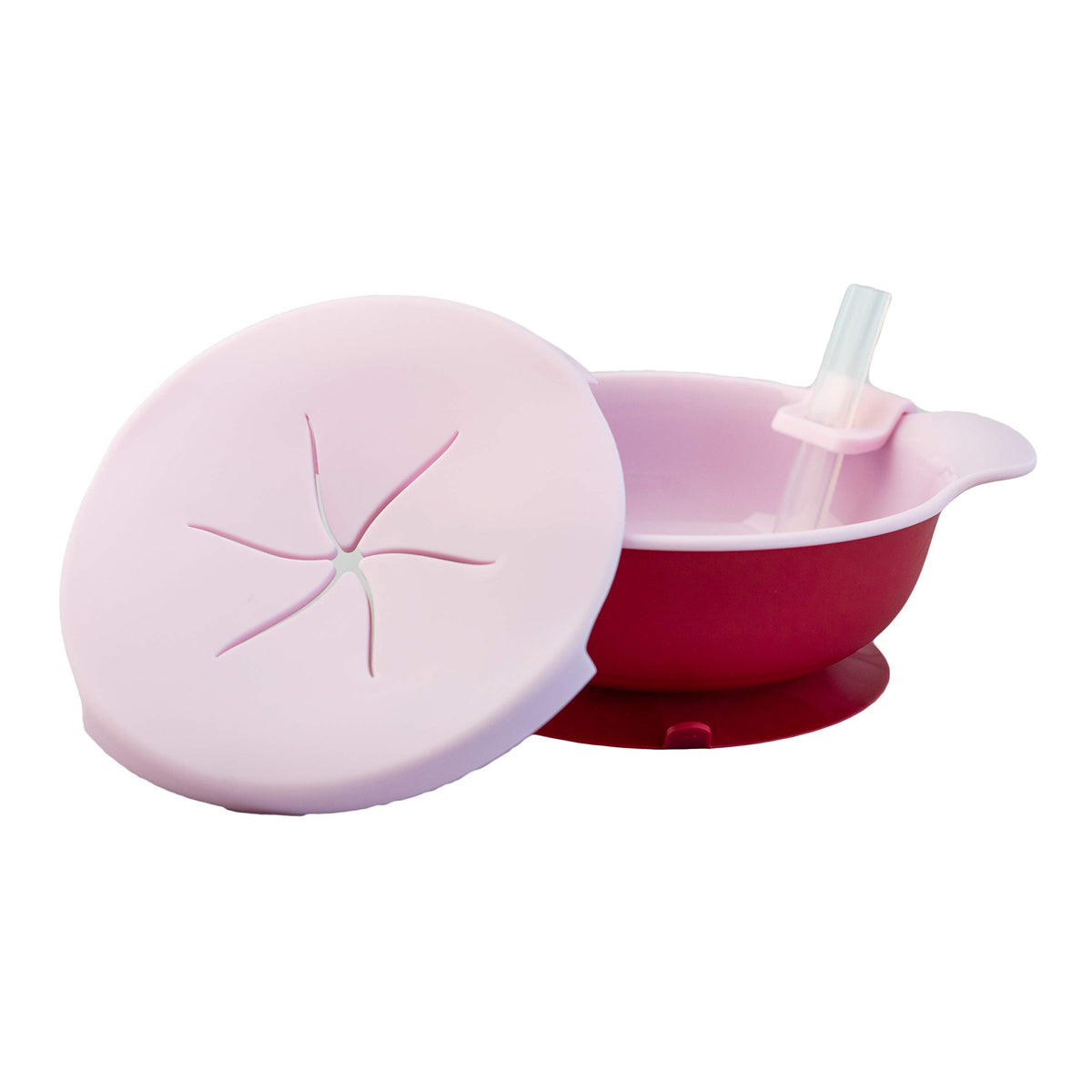 PAPU BABY Plato para Snack con popote desmontable y base de succión (Rosa)