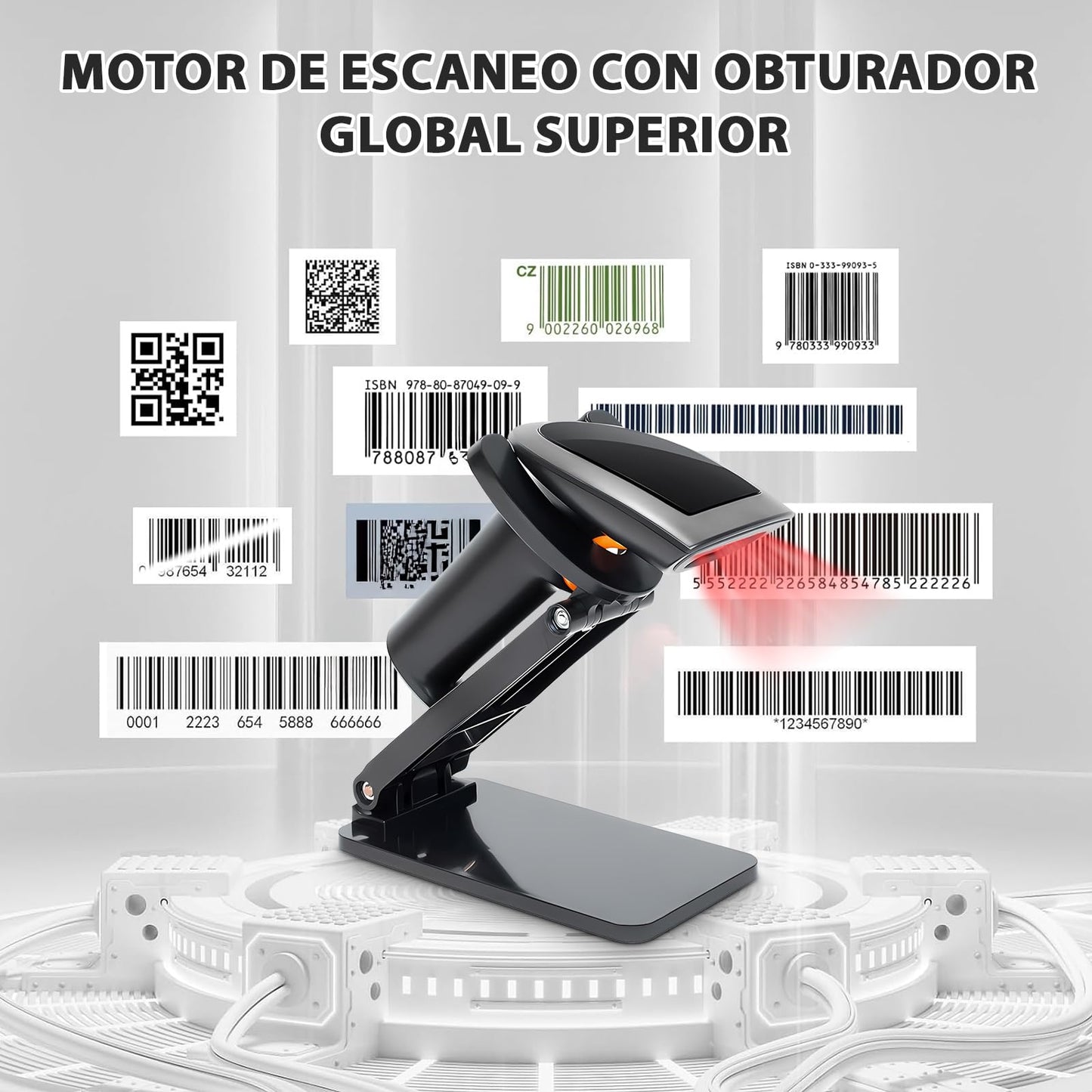 Escáner de Código de Barras WELIKERA Bluetooth 2D 1D Inalámbrico con Soporte y USB para Puntos de Venta