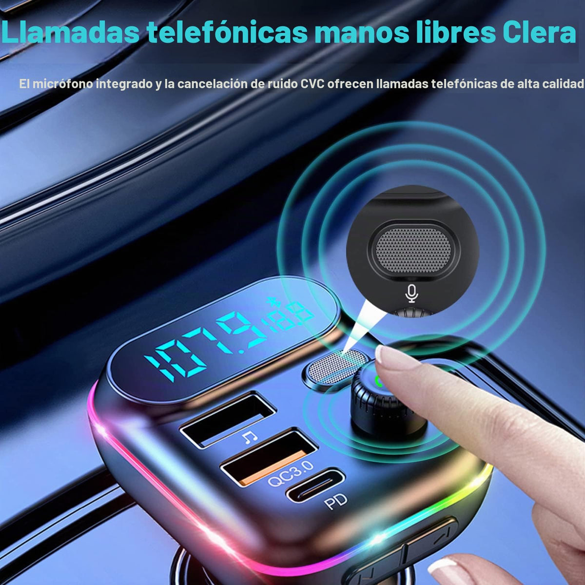 Transmisor FM Bluetooth 5.0 para Coche con Puertos USB Duales y Cargador Rápido PD+QC3.0, Micrófono Mejorado