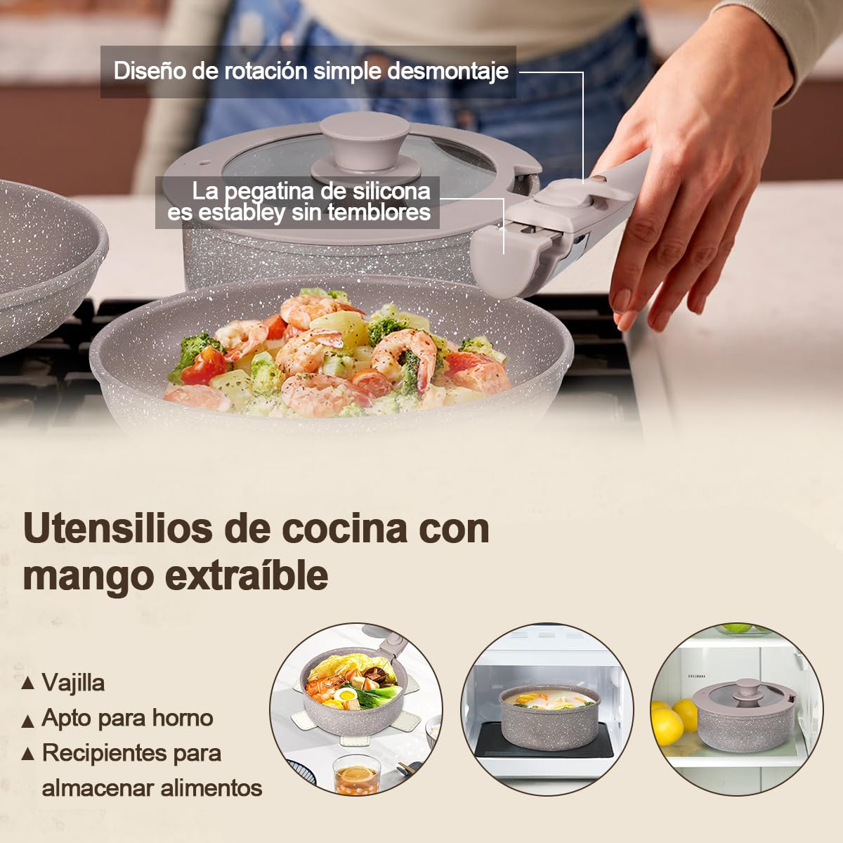 LOKOOY Juego de 16 Ollas y Sartenes con Mango Desmontables, Alta Antiadherente, Bateria de Cocina Con Tapas y Cojín, Sartén para Freír Apto para Lavaplatos, Cocina de Inducción y Horno