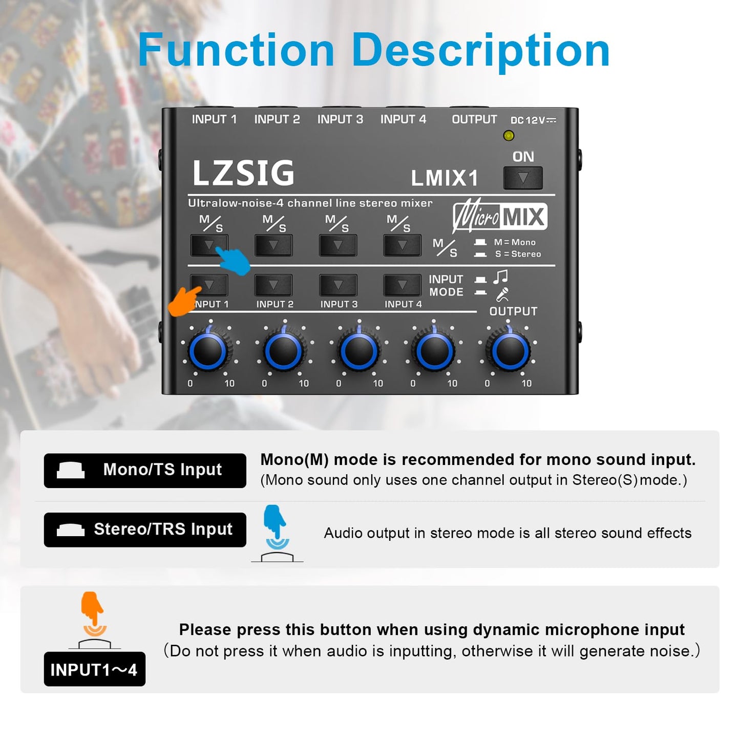 LZSIG Mini mezclador de audio, mezclador de línea estéreo para submezcla, ultra bajo ruido, 4 canales, control no empotrado de micrófono dinámico, salida y entrada TRS de 1/4 y 1/8 pulgadas, para