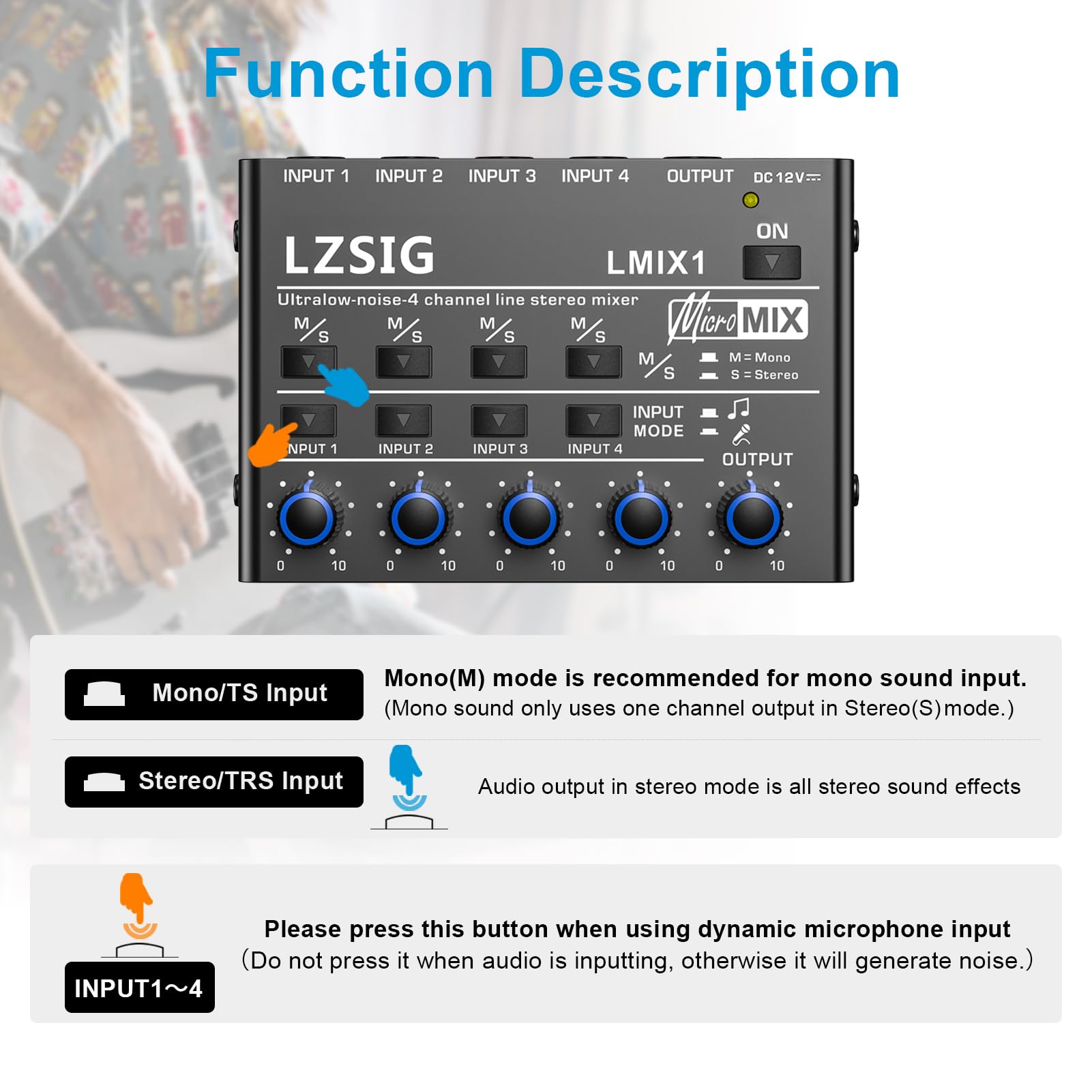 LZSIG Mini mezclador de audio, mezclador de línea estéreo para submezcla, ultra bajo ruido, 4 canales, control no empotrado de micrófono dinámico, salida y entrada TRS de 1/4 y 1/8 pulgadas, para