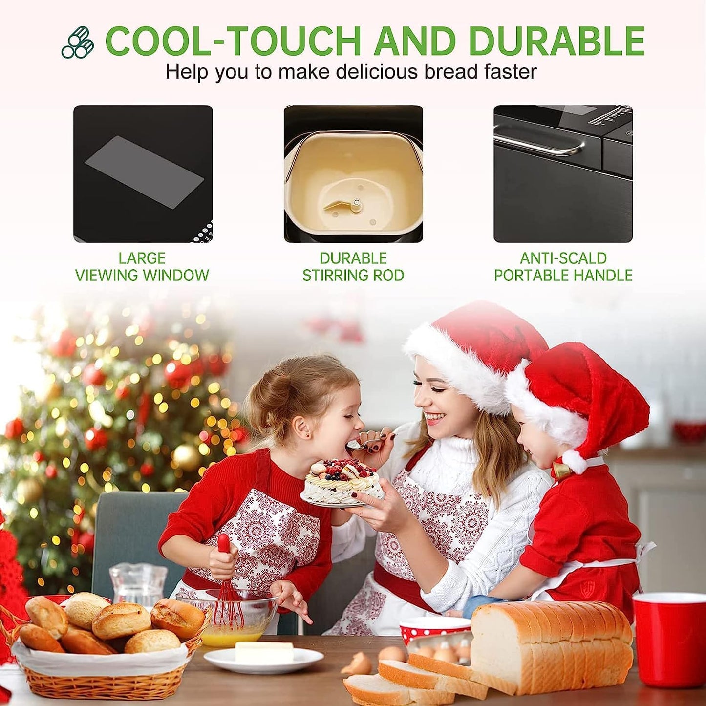 KBS Máquina de pan grande 17 en 1, máquina de pan de acero inoxidable de 2 libras con dispensador automático de frutos secos, sartén de cerámica antiadherente, panel táctil completo de vidrio templado, reserva y mantiene caliente, guante de horno y receta
