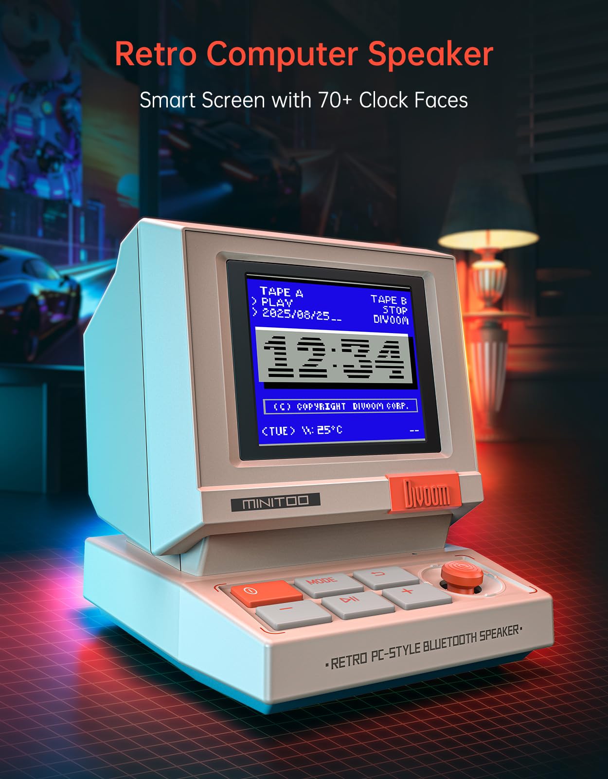 Divoom MiniToo - Altavoz Bluetooth retro Pixel – Diseño de PC inspirado en los años 90, control de aplicaciones, alarma, ruido blanco, altavoz de computadora retro para música, decoración de