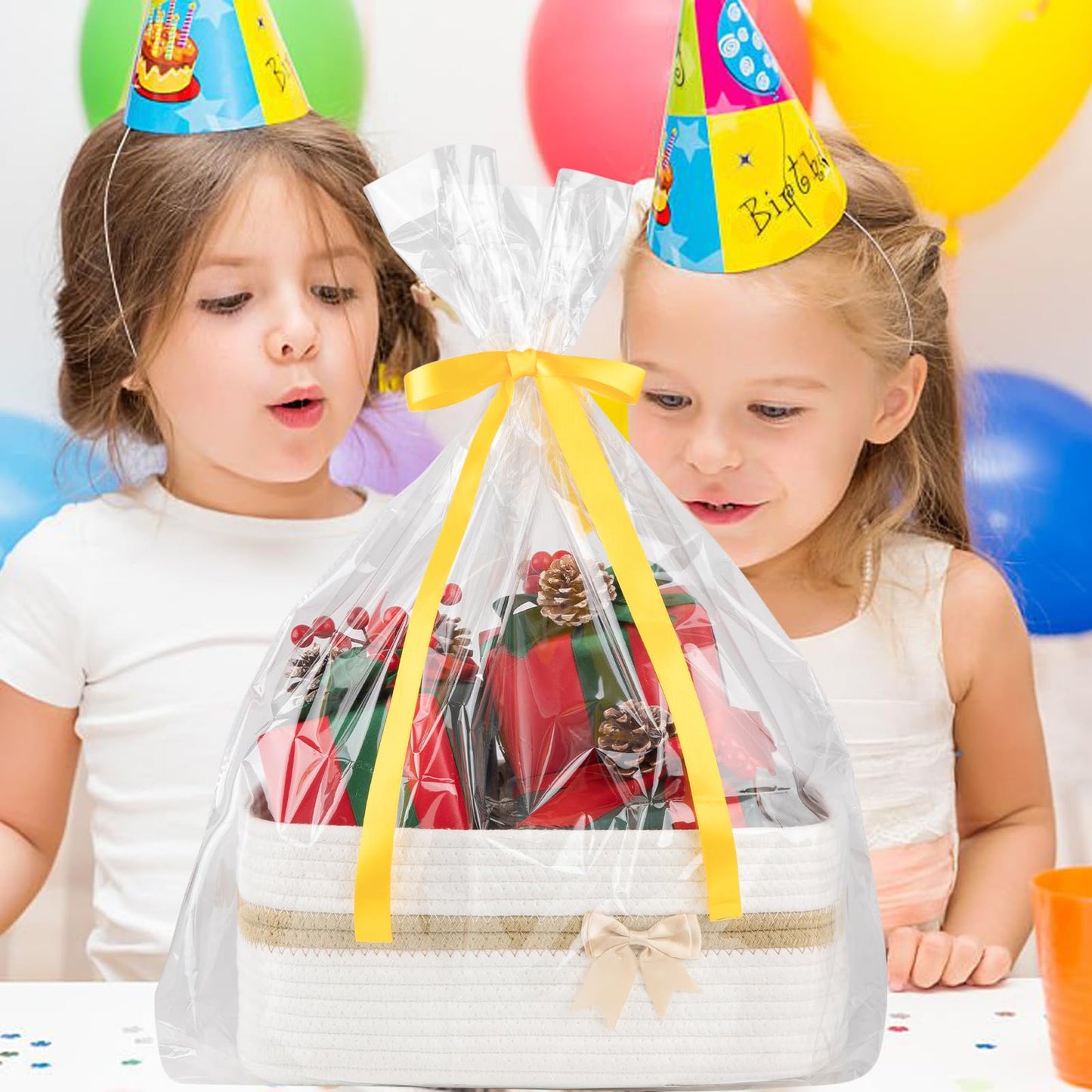 OIAHOMY - Cesta de almacenamiento tejida grande con asas para guardería, estantes de sala de estar, cesta de lazo para regalos vacía con bolsas de regalo y cintas para baby shower, contenedor de