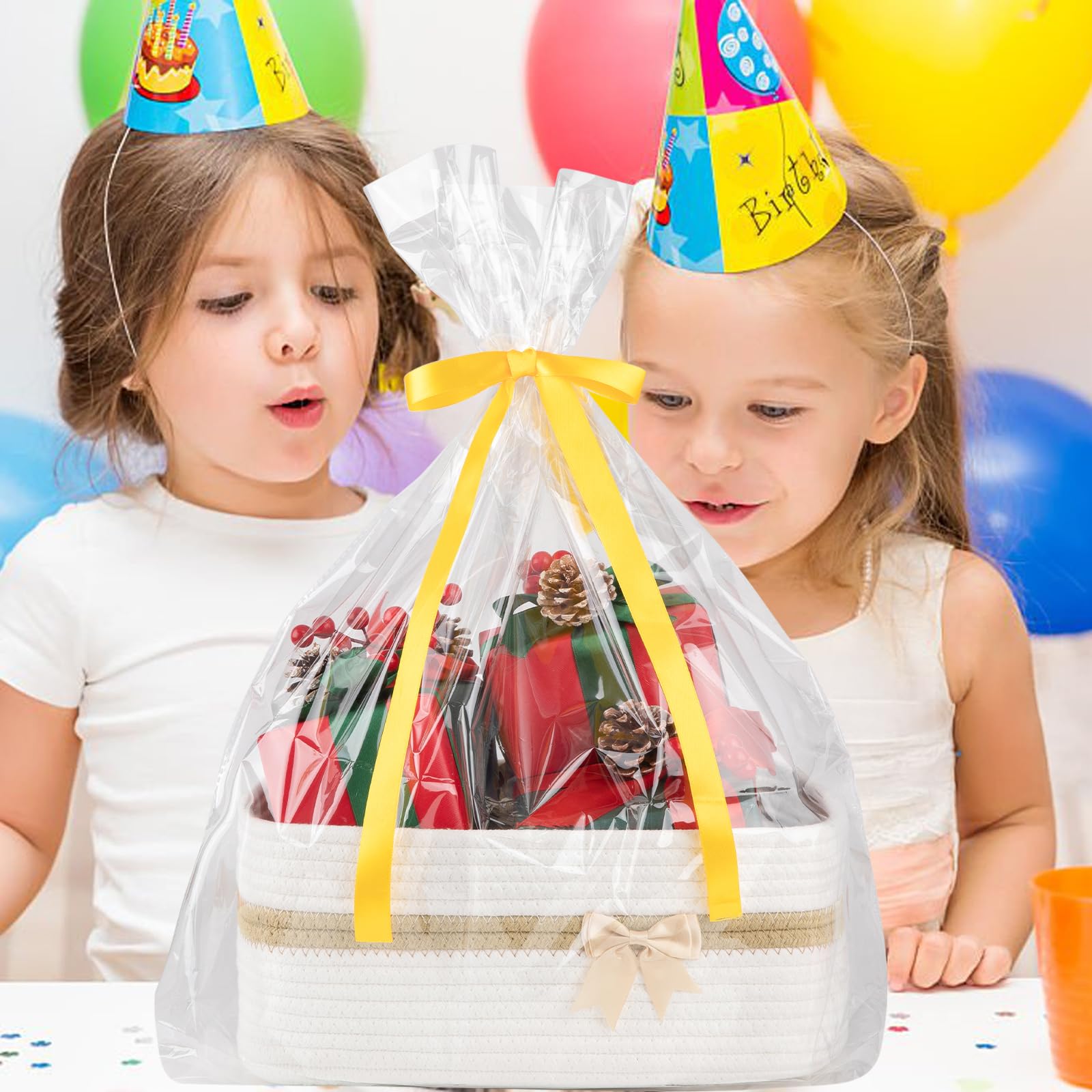 OIAHOMY - Cesta de almacenamiento tejida grande con asas para guardería, estantes de sala de estar, cesta de lazo para regalos vacía con bolsas de regalo y cintas para baby shower, contenedor de