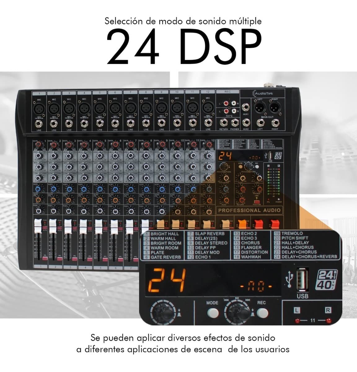 AUDIOTEK Mezcladora de Sonido 12 Canales 24 Efectos Mixer USB Interfaz Bluetooth DJ Potencia de 40 W Entrada para Auriculares Phantom Power Consola de Audio Mezcladoras Reproductor y Grabador MP3
