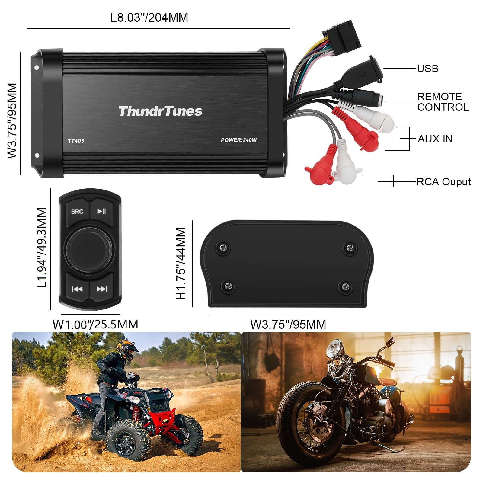 Amplificador Marino Clase D Powersport Bluetooth Compacto de 60 W x 4 Canales con Control Remoto y Fácil Instalación
