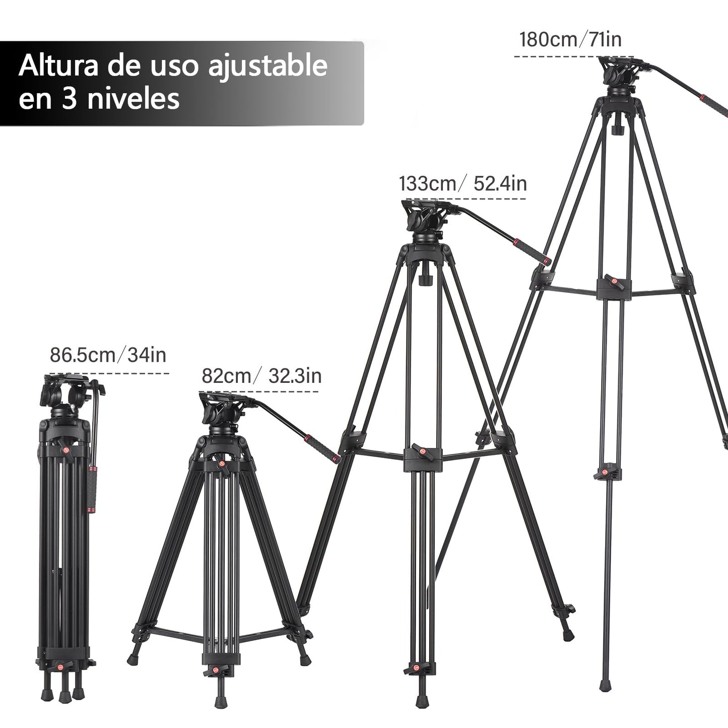 Tripie Profesional Aleación de Aluminio 180cm con Cabezal Hidráulico Fluido Panorámico para Cámaras DSLR y Videocámaras