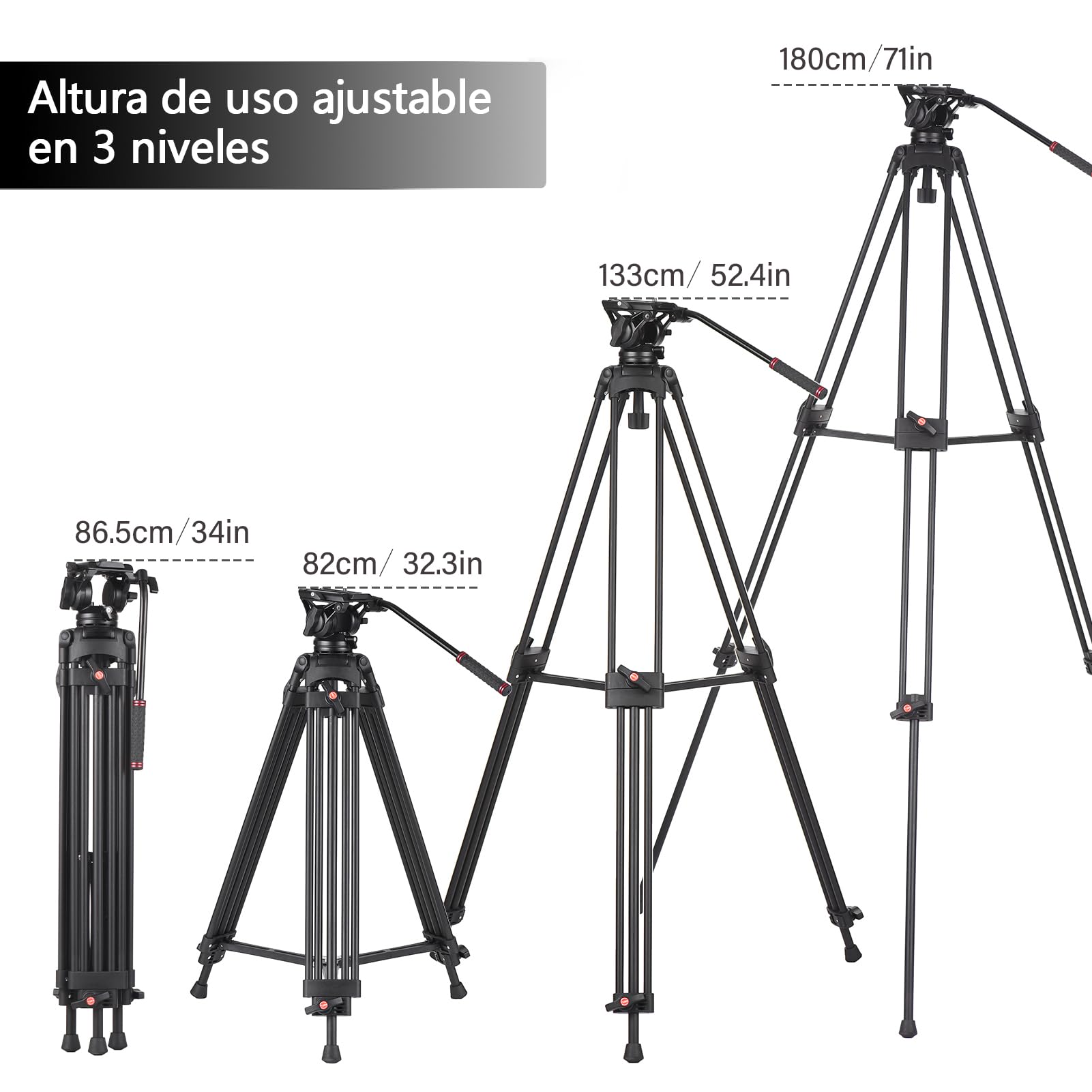 Tripie Profesional Aleación de Aluminio 180cm con Cabezal Hidráulico Fluido Panorámico para Cámaras DSLR y Videocámaras