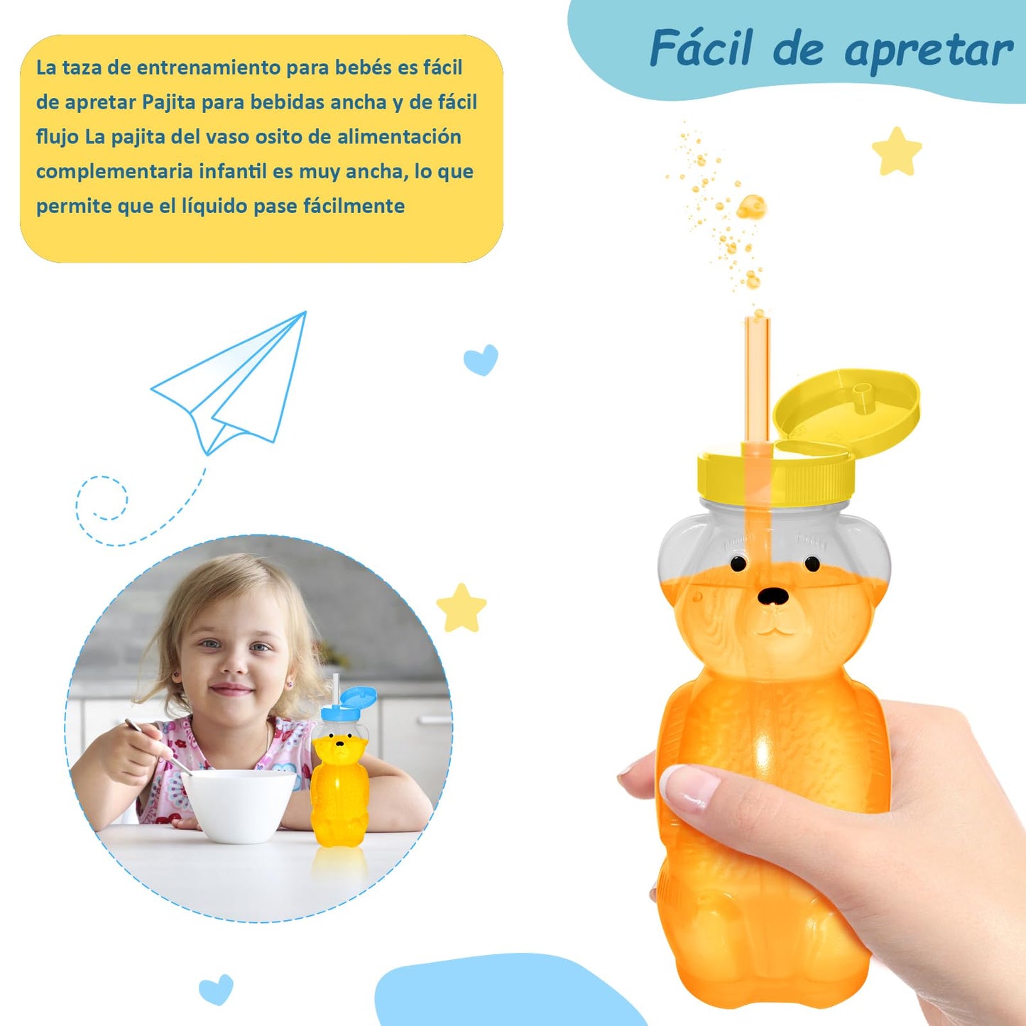 Vaso de Oso con Popote para Bebé - 2 Piezas Vaso Osito Popote Bebé Sin BPA， Material Grado Alimenticio + Taza Entrenamiento Alimenticio Antiderrames (Jugo/Leche/Complementaria)