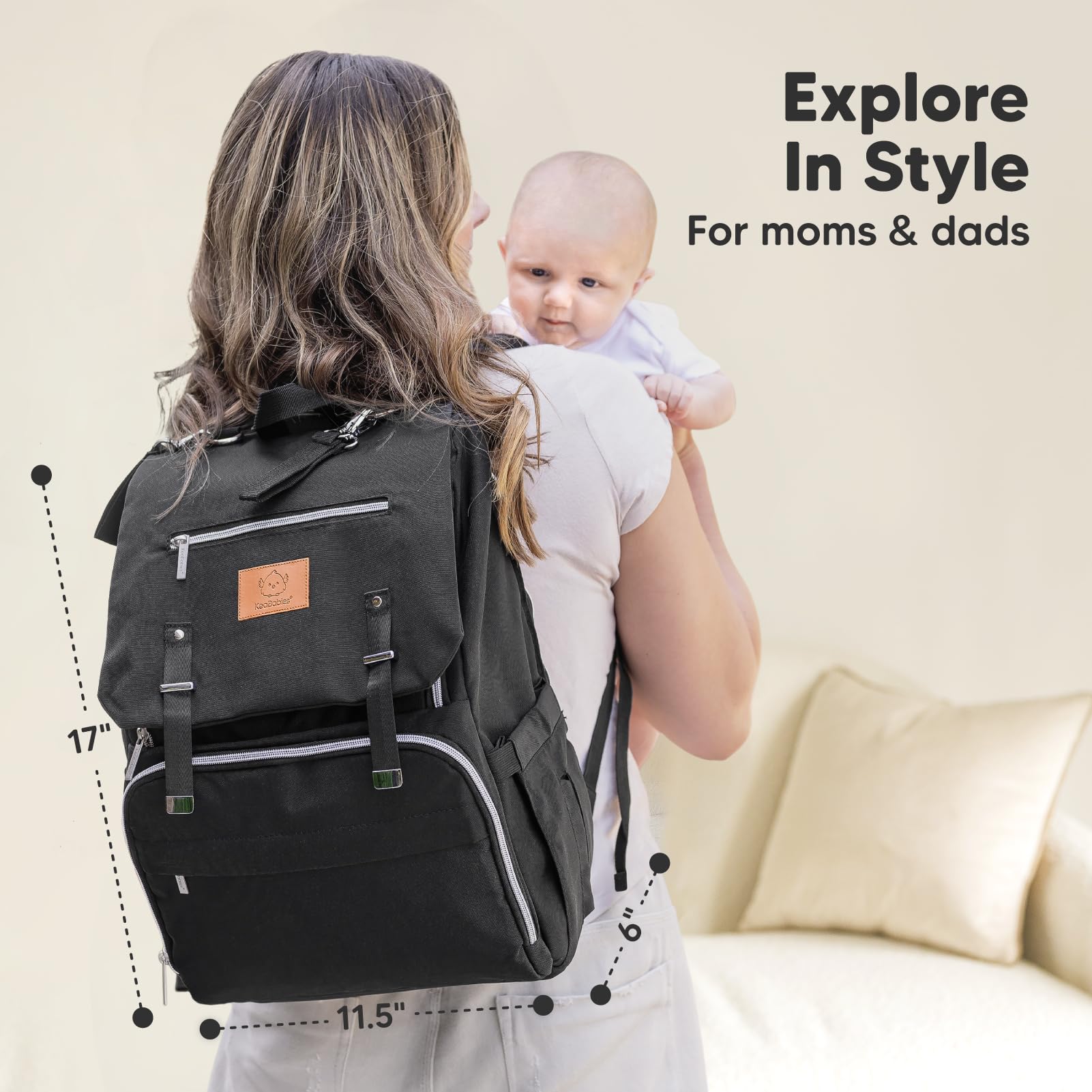 Mochila para paquete de pañale - Bolsos de viaje para bebés, impermeables y multifuncionales - Bolsos grandes para pañales - Durables y elegantes - Incluye colchoneta cambiadora (Trendy Black)
