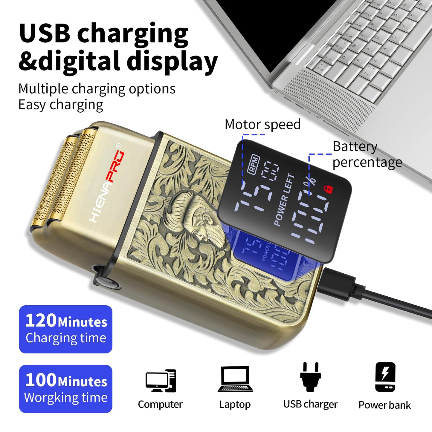 HIENA PRO - Maquinilla de afeitar eléctrica para hombres, máquina de afeitar de aluminio profesional sin cable y cabeza calva, afeitado de viaje, carga USB, pantalla LED, regalo perfecto para hombres