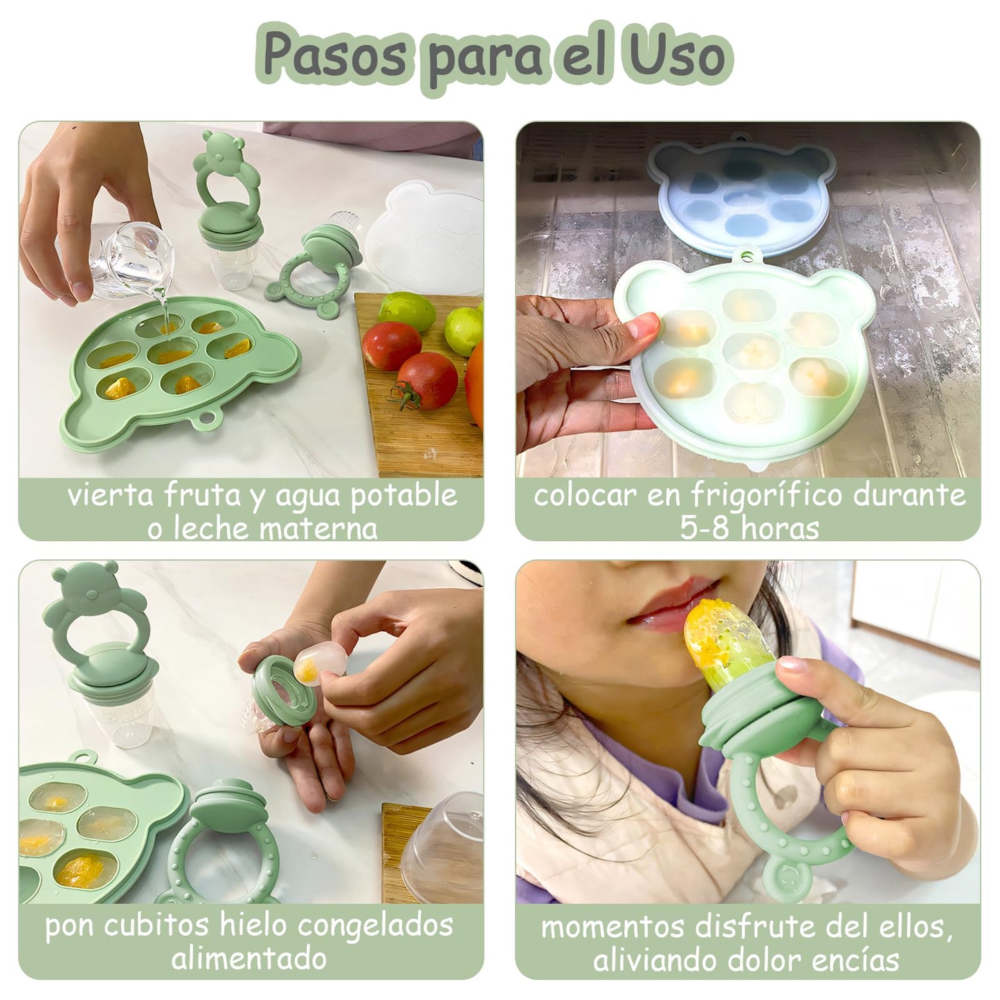 EHRHDKNS Bandeja Congeladora de Alimentos para Bebés Sin BPA, Adecuado para la Introducción Segura de Alimentos, Fruta y Papillas a Partir de los 4 Meses, Fortalece los Dientes del Bebé y le Ayuda a Comer Sano (Verde, Oso)