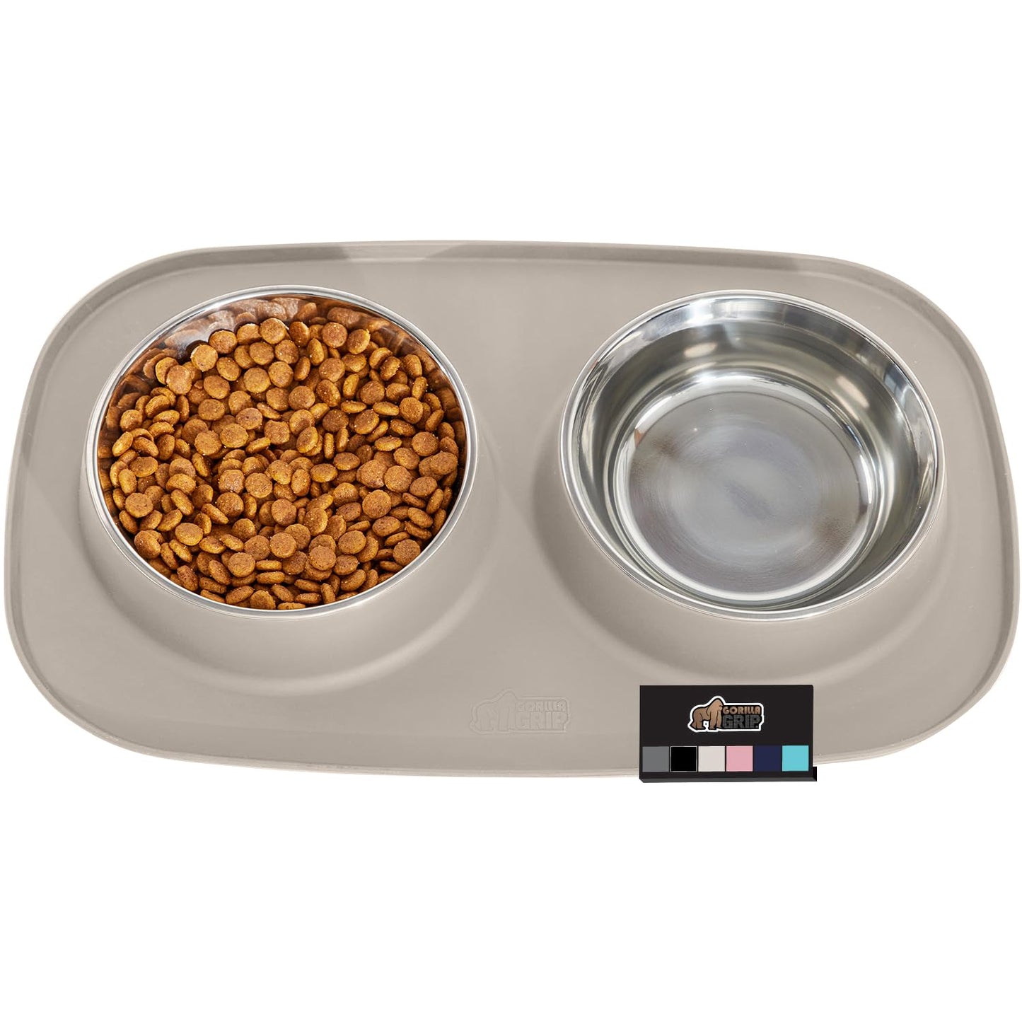 Gorilla Grip Slip Resistant Pet Bowls and Silicone Feeding Mat Set, 3 Cups, Catch Water and Food Mess, Raised Edges for No Spills, Stainless Steel Cat and Dog Dish Bowl, Patent Pending Design, Beige