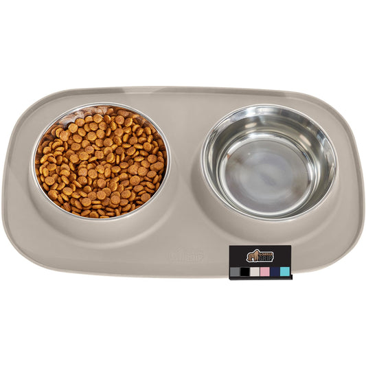Gorilla Grip Slip Resistant Pet Bowls and Silicone Feeding Mat Set, 3 Cups, Catch Water and Food Mess, Raised Edges for No Spills, Stainless Steel Cat and Dog Dish Bowl, Patent Pending Design, Beige