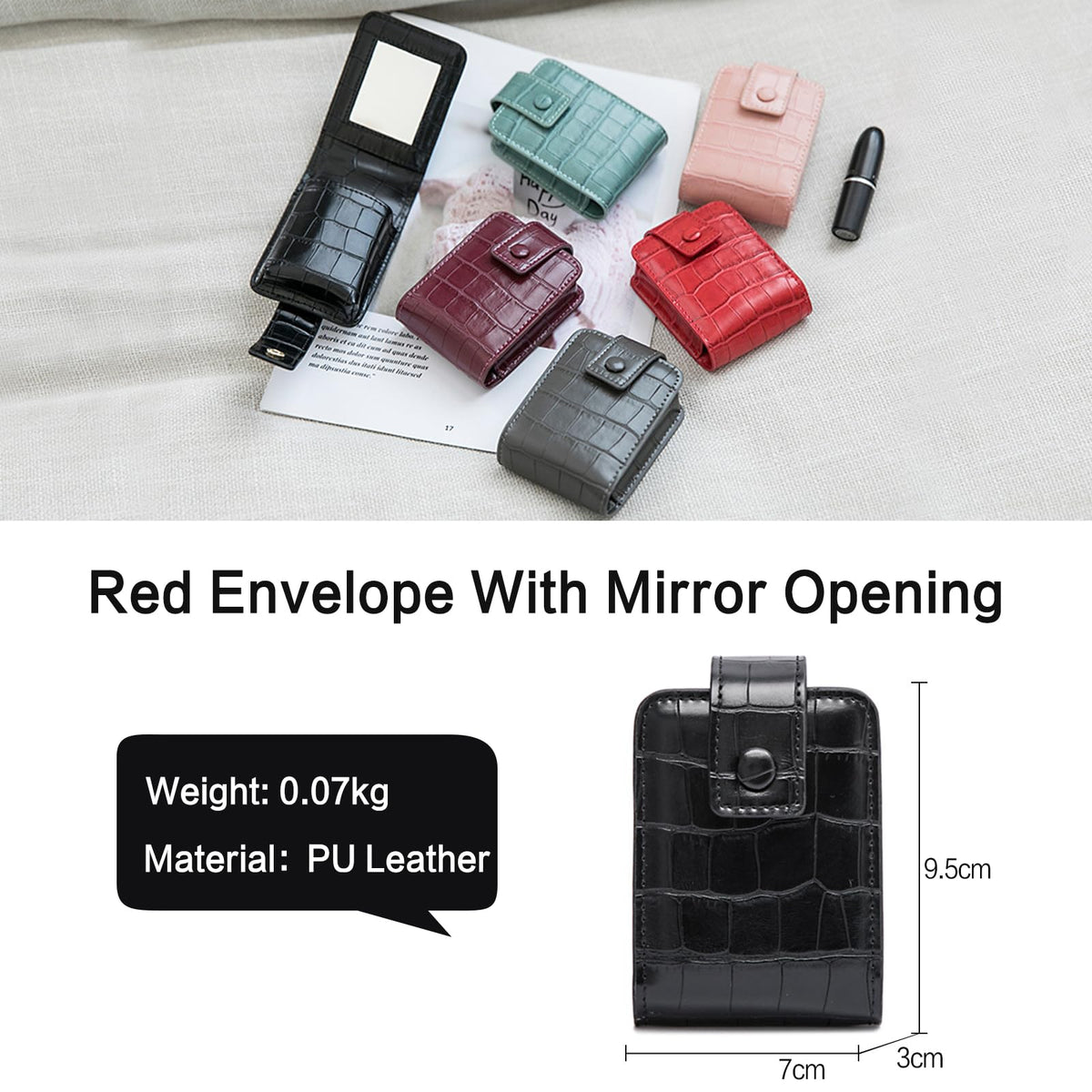 PORRASSO Estuche para Lápiz Labial con Espejo Estuche para Pintalabios Mini Bolsa de Maquillaje Portátil Almacenamiento PU Bolsa de Cosméticos Negro