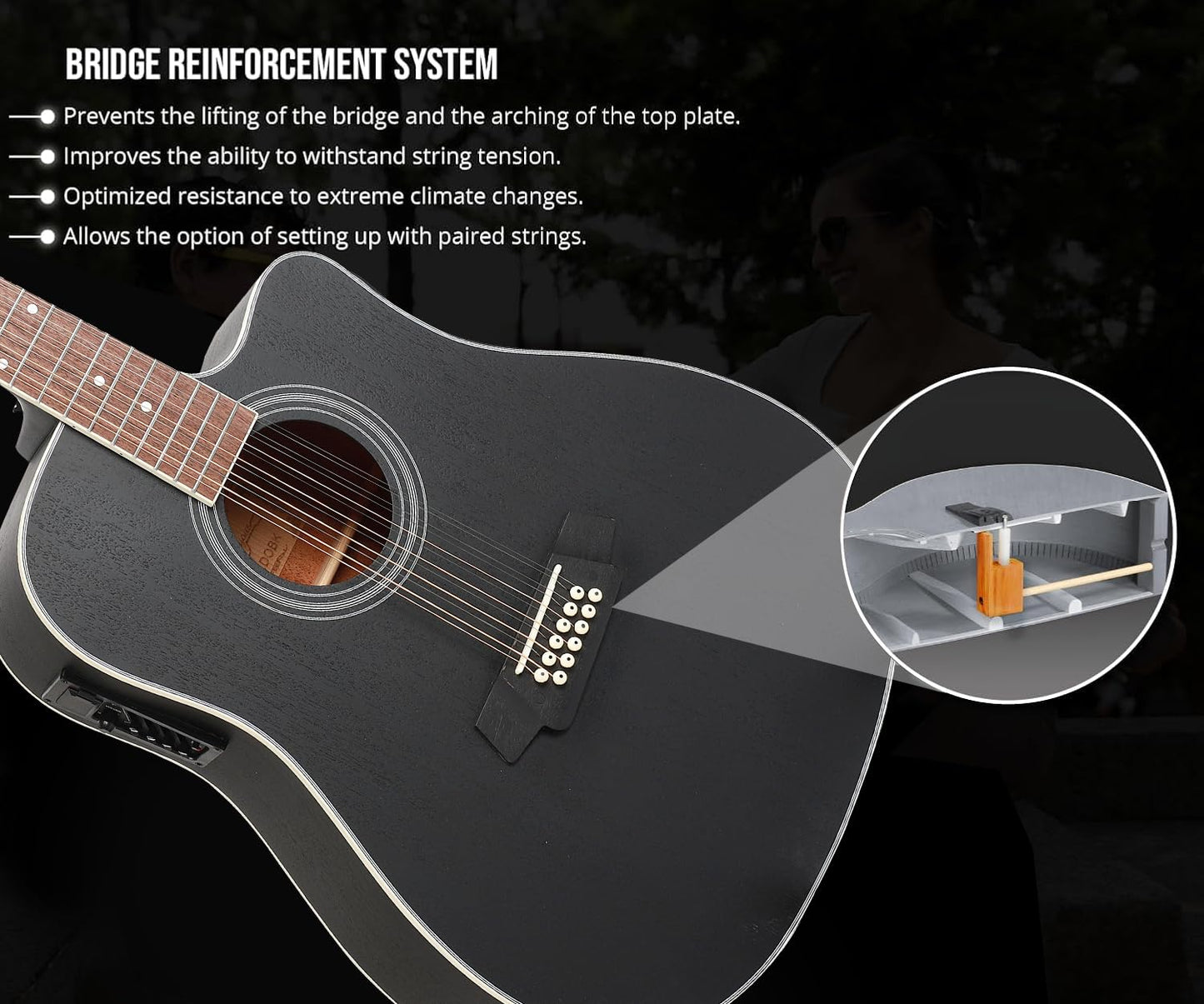 Jidyous Docerola Aguanta cuerdas pares 4/4 Guitarra Electroacústica 12 cuerdas con bridge doctor, con Funda Acolchada, afinadores, Correas,cuerdas, paletas, capó, cable para guitarra, alma