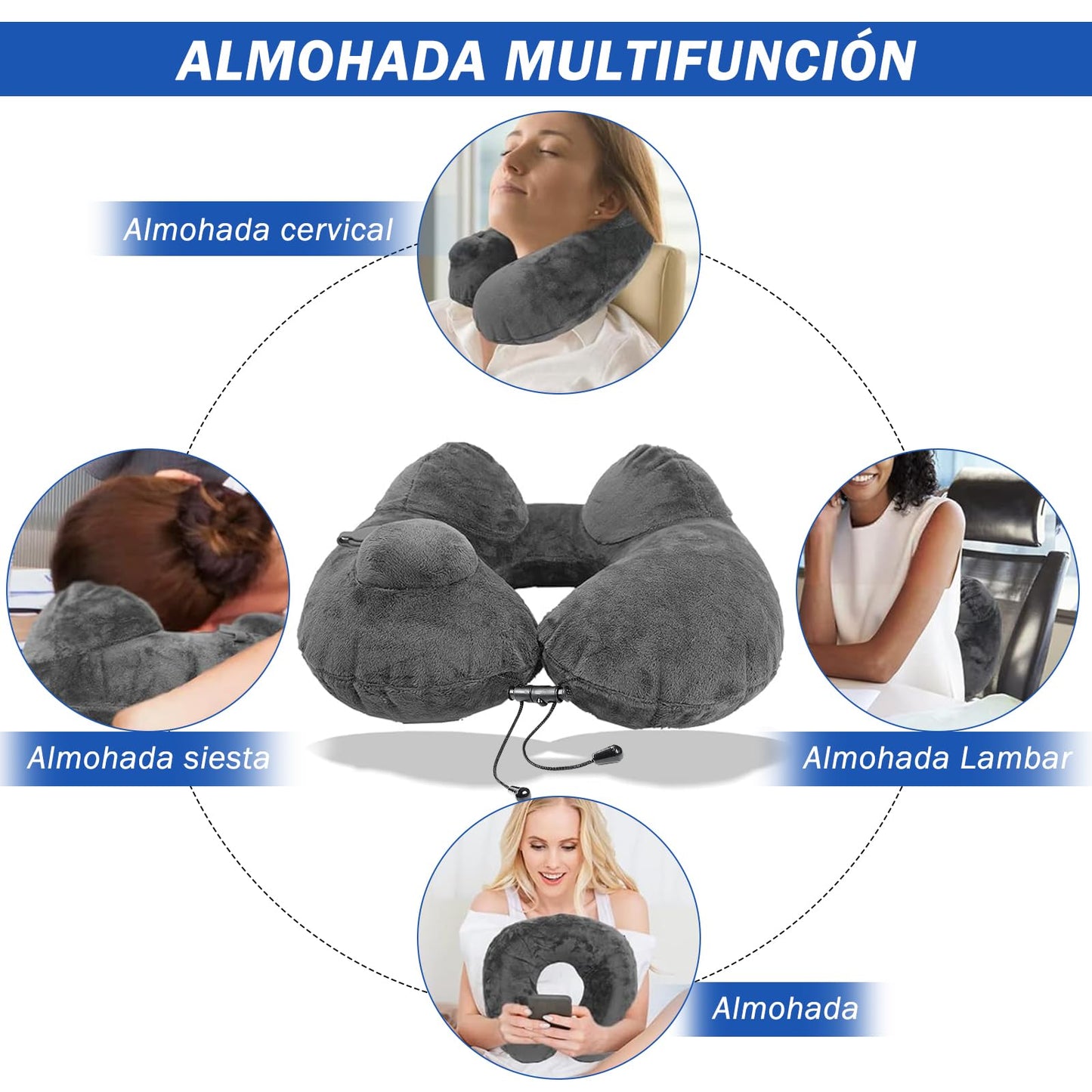 GuDoQi Almohada de Viaje Hinchable, Inflable Cojin Cervical Viaje con Tapón de Oídos, Máscara de Ojos, Cordón Ajustable, Cojin de Viaje Cuello para Avión, Coche, Oficina