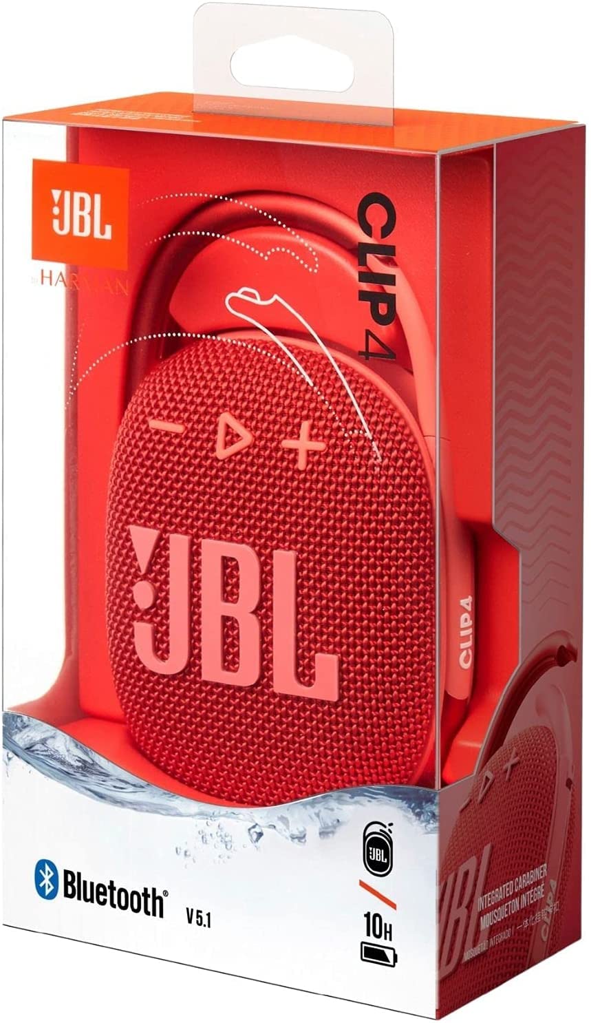 JBL Clip 4 Altavoz Bluetooth portátil, impermeable y a prueba de polvo, IP67, mini altavoz Bluetooth para viajes, exteriores y hogar con 1 llavero de linterna LED (rojo)