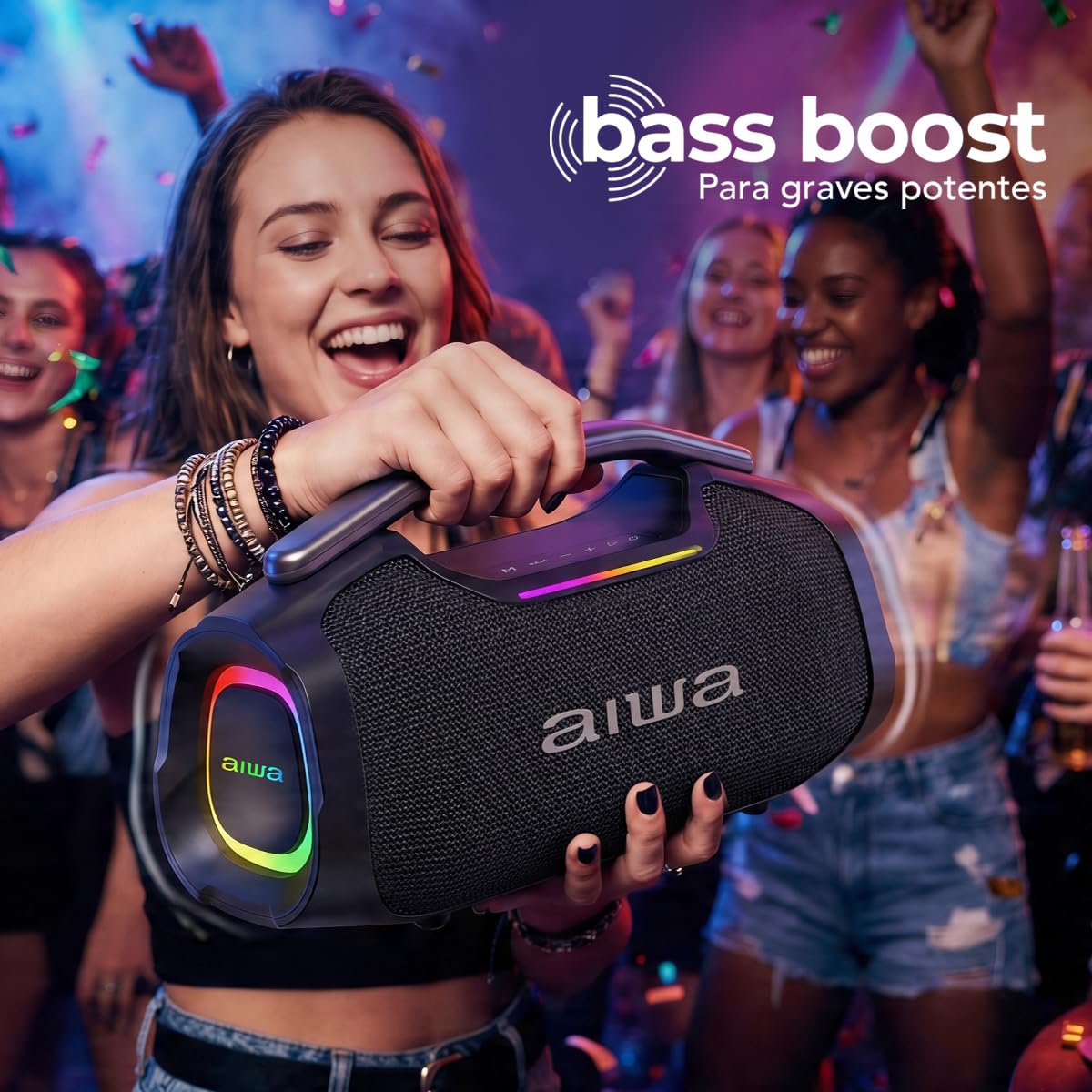 Bocina Bluetooth Aiwa Negra con TWS y Karaoke