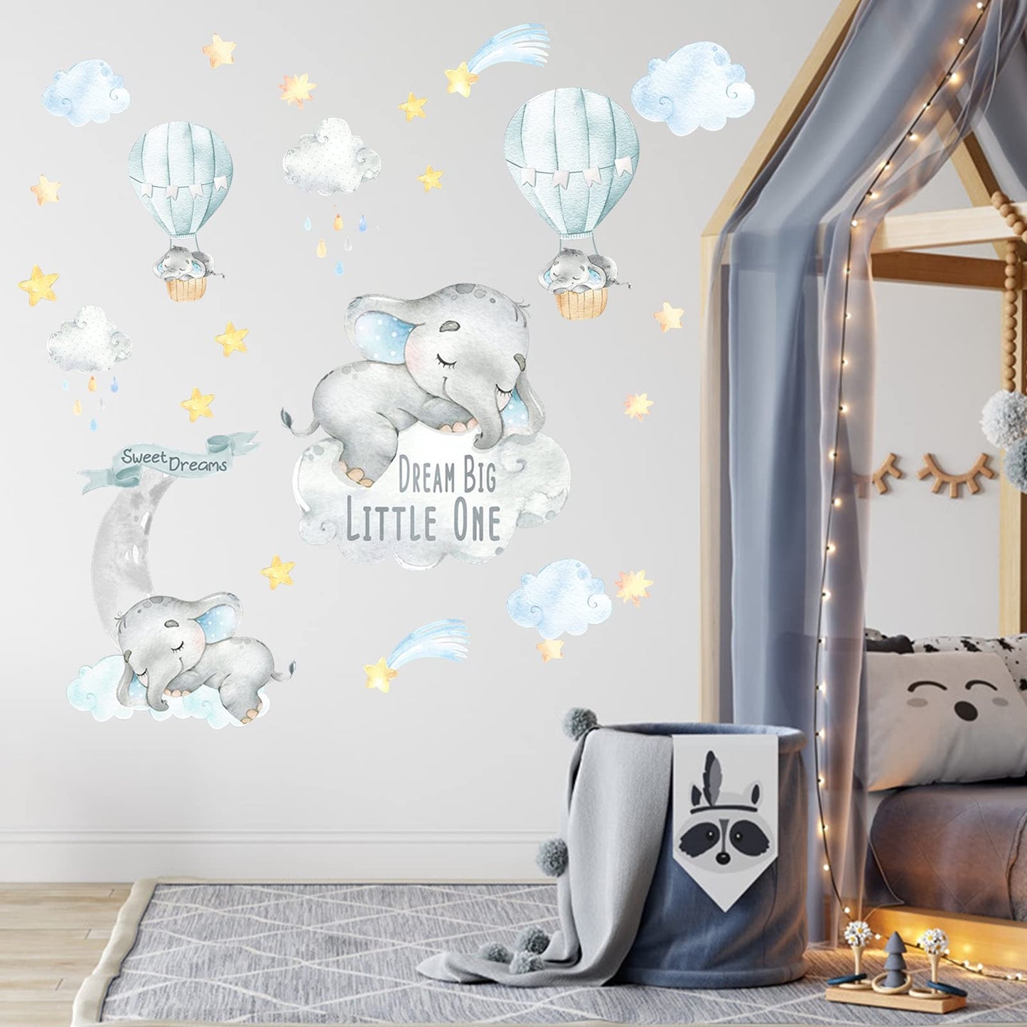 Yovkky - Calcomanías de Pared con Diseño de Elefante de Acuarela Azul, Luna y Globo de Aire Caliente, Decoración para Cuarto de Bebé, Habitación, Sala de Juegos, Vinilo Extraíble e Impermeable