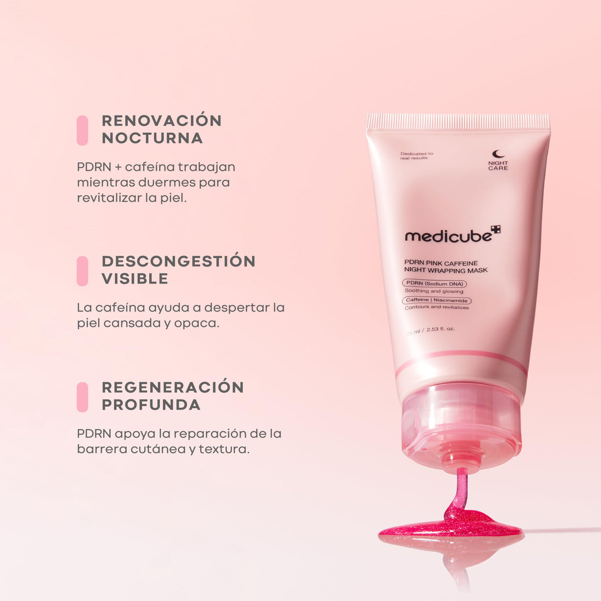 MEDICUBE PDRN Pink Caffeine Overnight Wrapping Mask, Mascarilla Facial Nocturna Peel-Off con PDRN de Salmón, Cafeína, Colágeno, Ácido Hialurónico y Péptidos, Hidratación y Glow, 75 ml