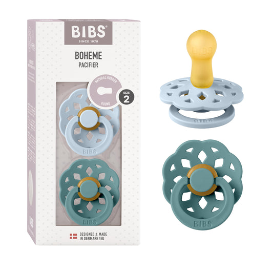 BIBS Chupones Boheme Pack de 2, Tetina redonda de látex natural, Talle 2, Color Baby Blue/Island Sea, 6 a 18 meses, Hecho en Dinamarca
