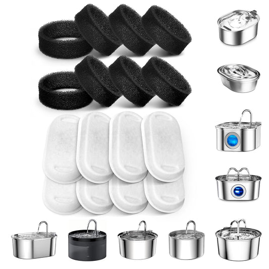katzenbrunnen SOOFPET - Filtros de fuente de agua para gatos: 16 piezas (8 filtros de carbono + 8 filtros de esponja) filtros de repuesto para fuente de gato de acero inoxidable de 110 oz/3.2L