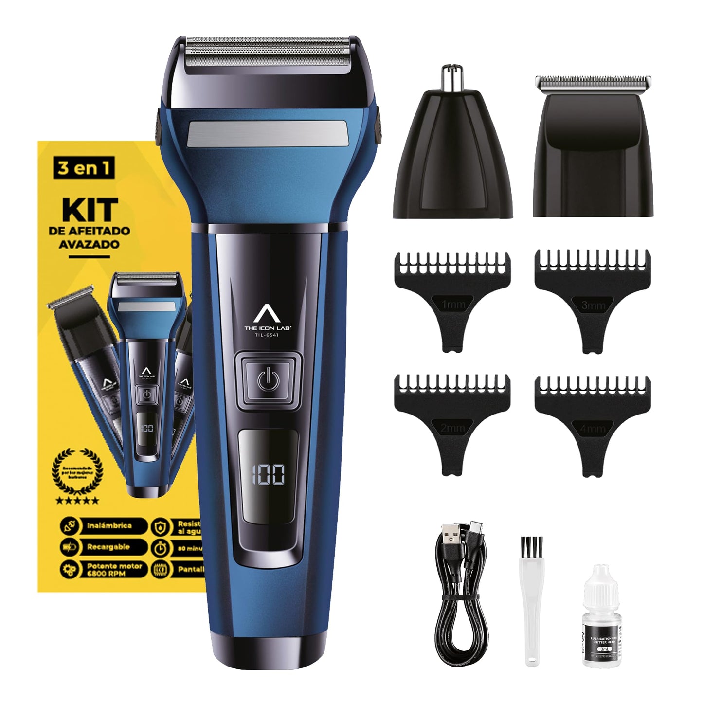 THE ICON LAB | Kit de Afeitado Inalámbrico | Pantalla LCD | Motor 6 800 RPM | Red de Cuchillas Flotantes + 3 en 1 | Resistente al Agua | 80 Min de Uso | Recargable USB | Regalos para Hombre