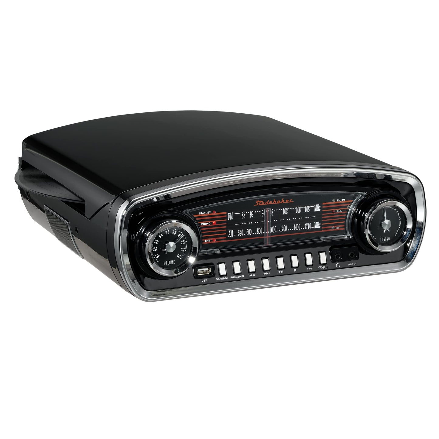 Studebaker - Tocadiscos de 3 velocidades con control de tono, con receptor Bluetooth, radio estéreo AM/FM, ranura USB para reproducción de MP3, conectores para audífonos y auxiliar (negro)
