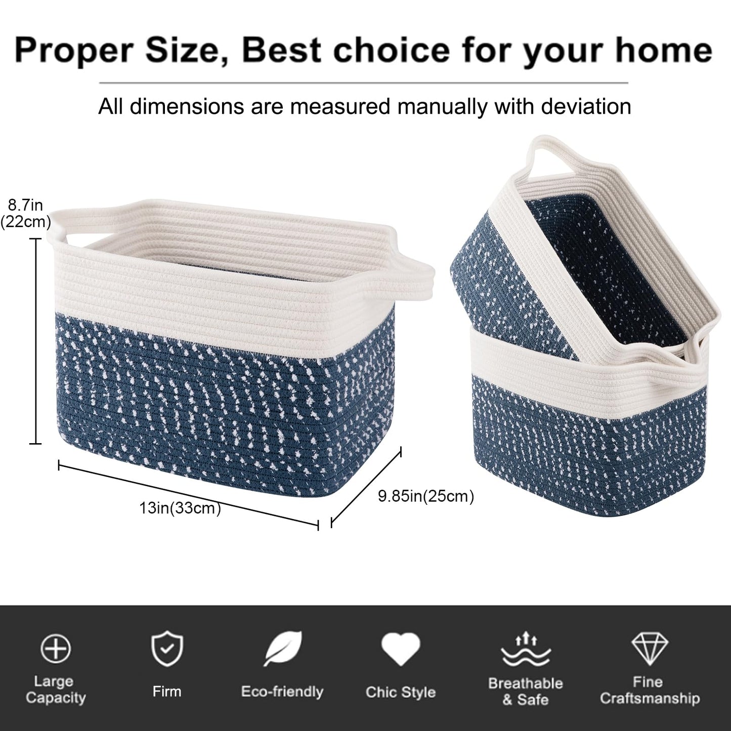 OIAHOMY Cesta de almacenamiento, cestas tejidas para almacenamiento, cesta de cuerda de algodón para juguetes, cestas de toalla para baño, paquete de 3, blanco y azul