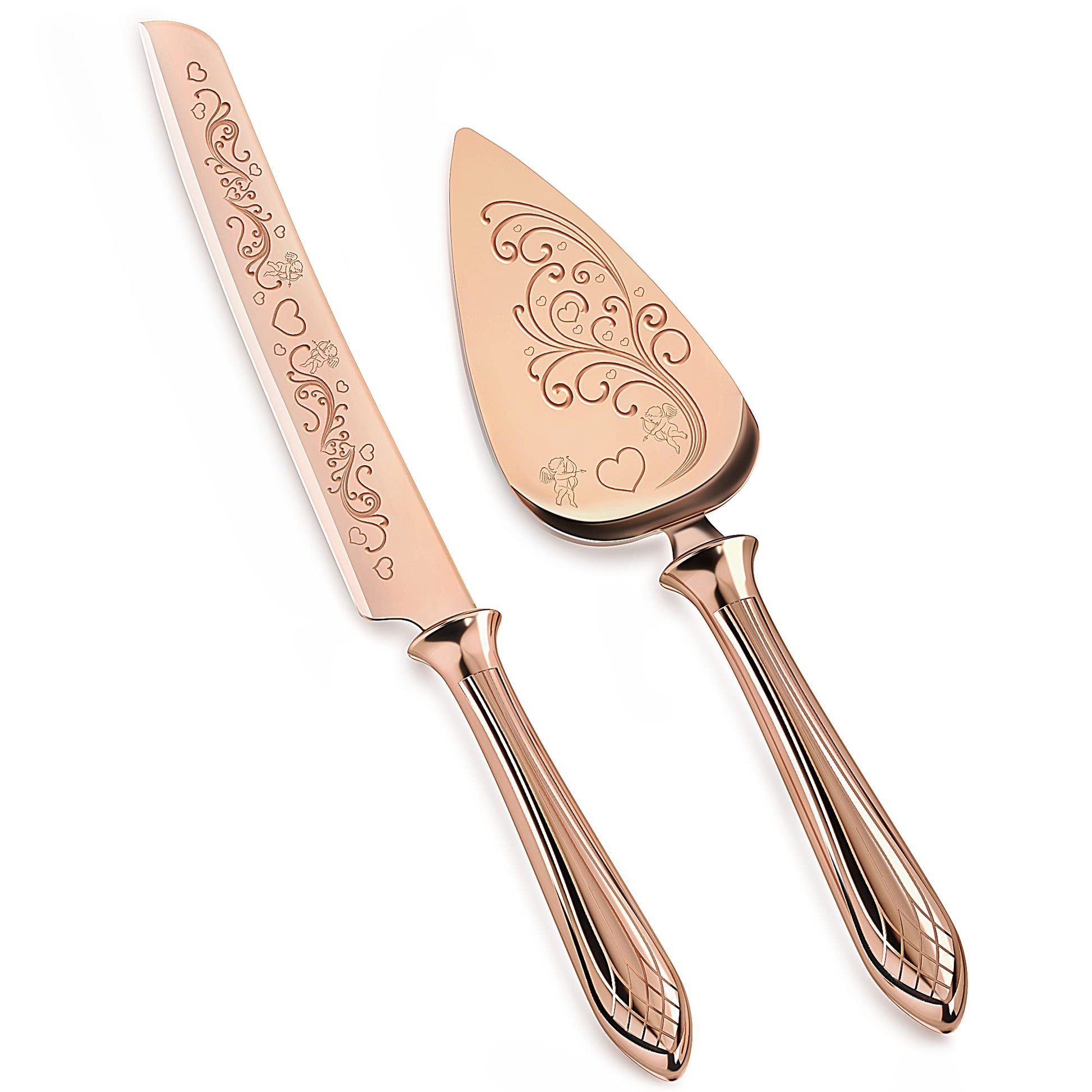 KSENDALO - Juego de cuchillos y servidores para tartas de boda, juego de corte de pasteles de oro rosa para boda, juego de cuchillos y servidores de pasteles de acero inoxidable SUS304 para bodas,