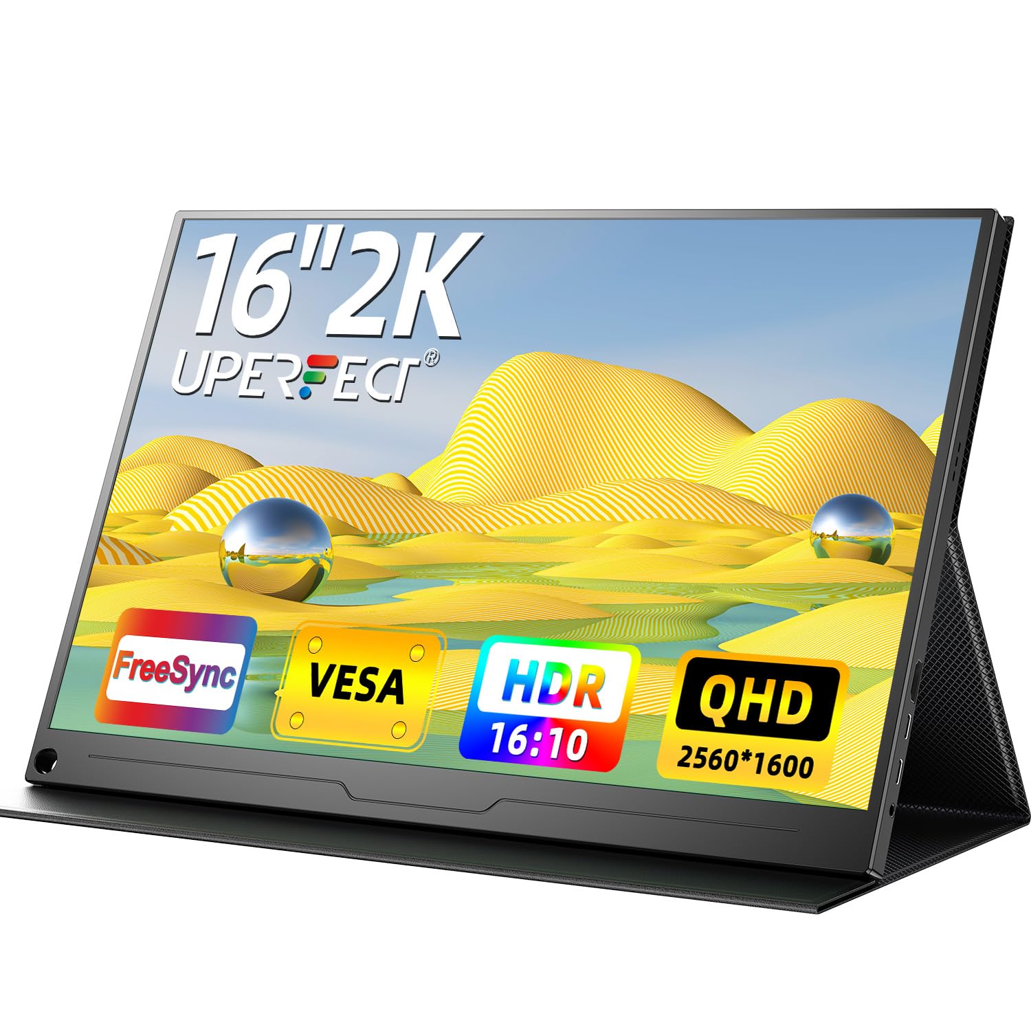 UPERFECT Monitor portátil 2K, monitor portátil de 16 pulgadas, 2560 x 1600, QHD, HDR, FreeSync, con VESA y funda inteligente, IPS mate, cuidado de los ojos, segunda visualización externa para PC,