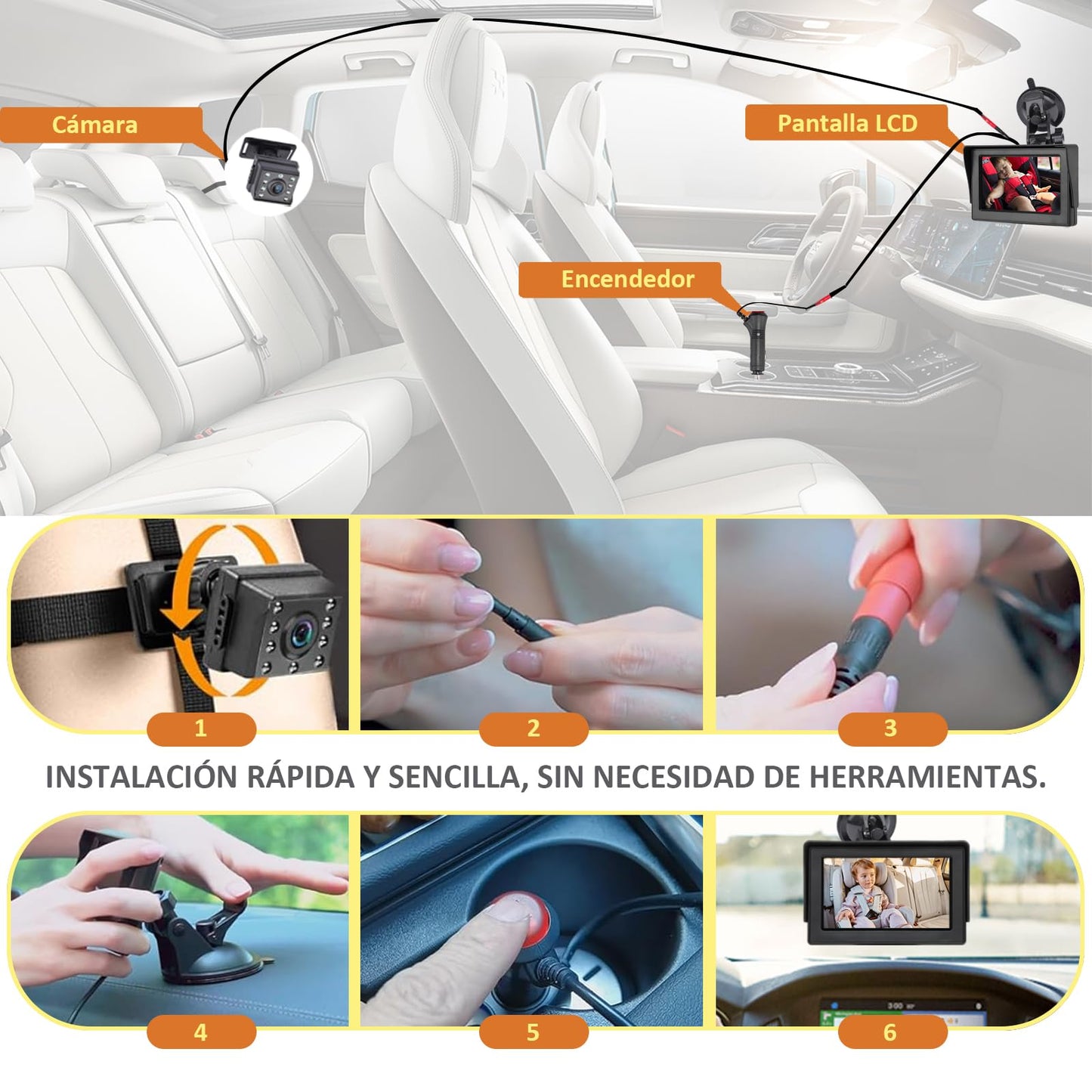 KASIKAI Cámara para Bebé Asiento Trasero HD 1080P, Pantalla 4.3'' Espejo Retrovisor con 8 Leds Visión Nocturna, 150° Ángulo Amplio y 360° Giratorio, Monitor para Carro Bebé, Cámara Coche Infantil