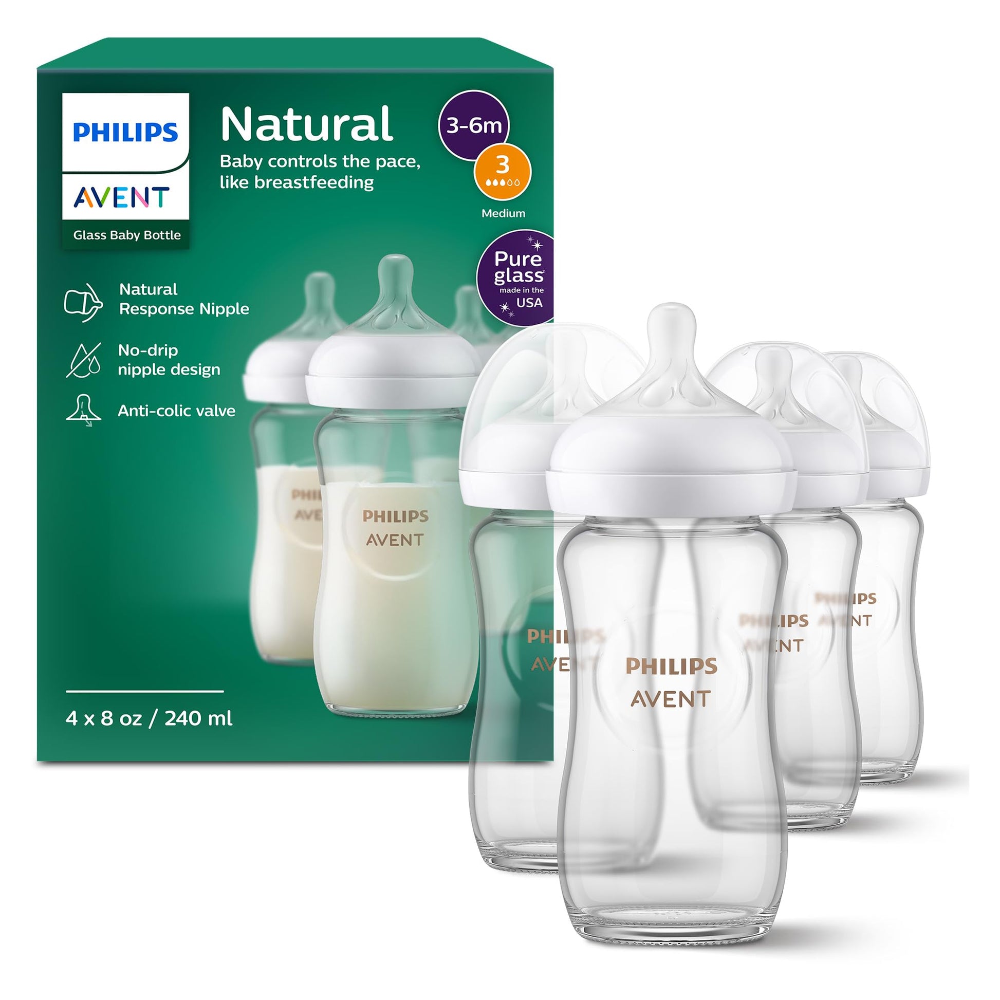 Biberón de Vidrio Natural Philips AVENT Transparente Pezón de Respuesta Natural 8 Onzas Paquete de 4 Unidades