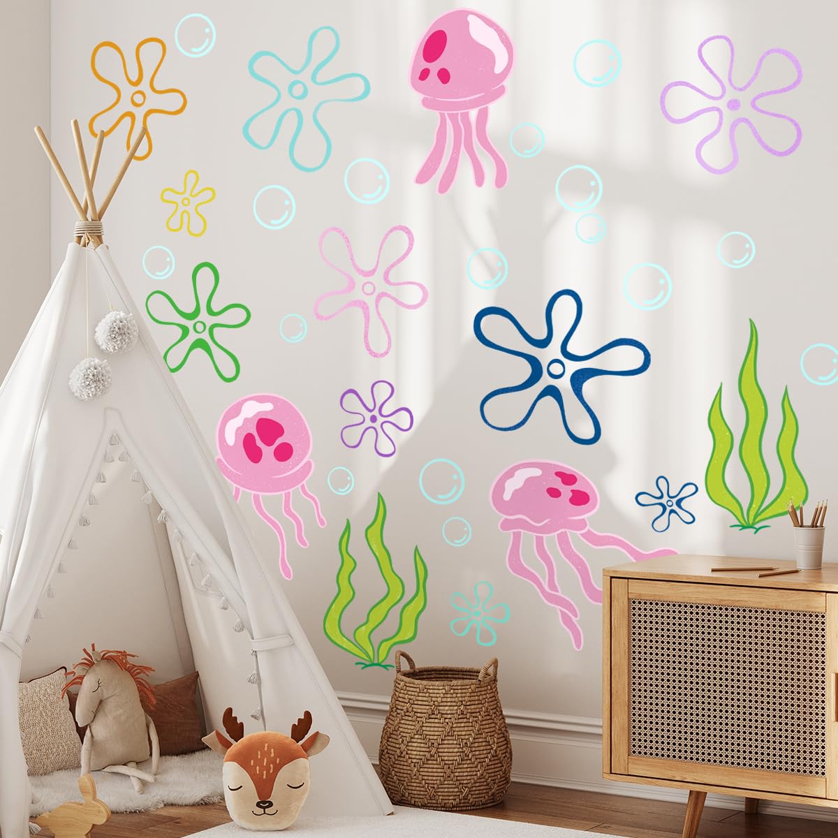 Calcomanías de pared con burbujas de medusas bajo el mar, calcomanías de pared debajo del mar, vinilo extraíble debajo del mar, calcomanías de pared subacuáticas para bebé, cuarto de estar, oficina