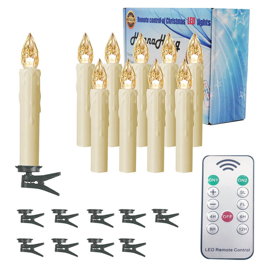 HANNAHONG - 10 velas LED sin llama con control remoto, mini cera falsa eléctrica, regulable, funciona con pilas, clips de ventanas para candelabro, corona, decoración de Navidad
