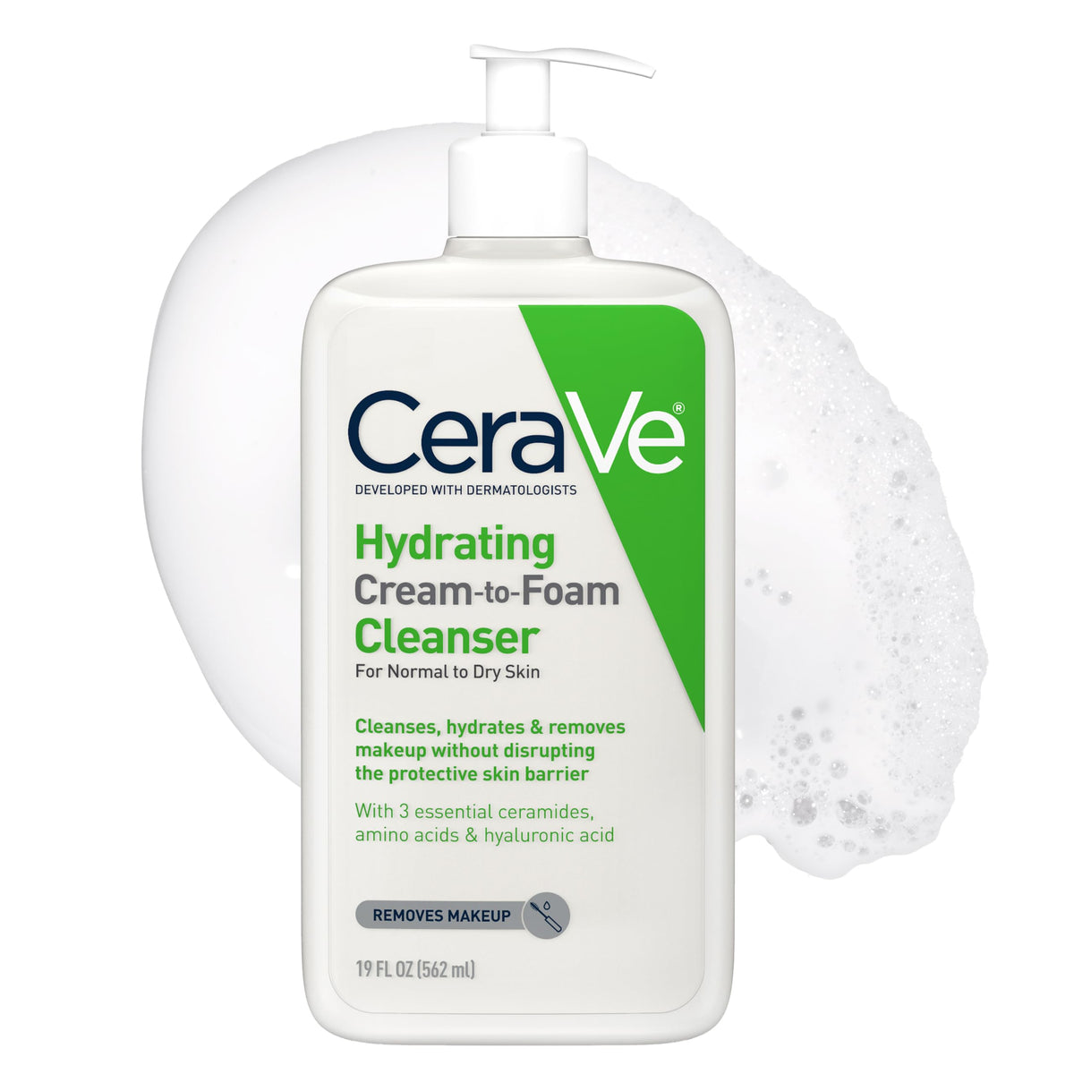 Limpiador hidratante de crema a espuma CeraVe | Desmaquillante y lavado facial con ácido hialurónico | Sin fragancia | 19 onzas