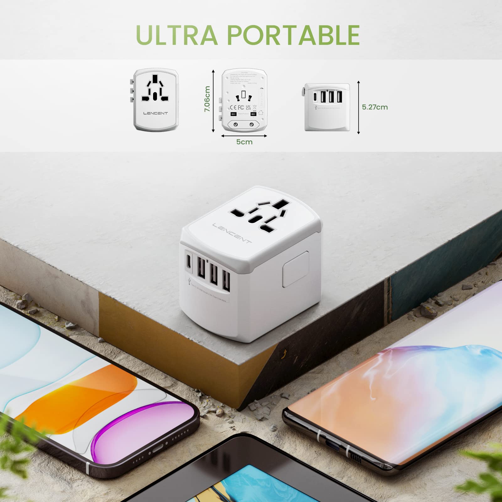 LENCENT Adaptador Universal de Viaje, 17.5W Adaptador de Corriente Europeo con 4 Puertos USB (1 UBS C), Travel Essentials para el Reino Unido, Europa, Americano, Argentina, Australia, Blanco