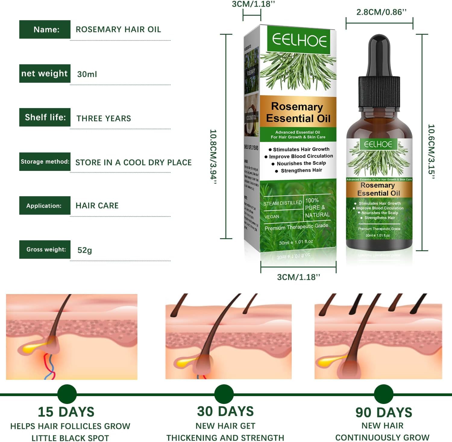 Pack de 3 Aceites Esenciales de Romero para Estimular el Crecimiento del Cabello Seco - 30ml. ¡Potencia la salud capilar con esta fórmula natural!