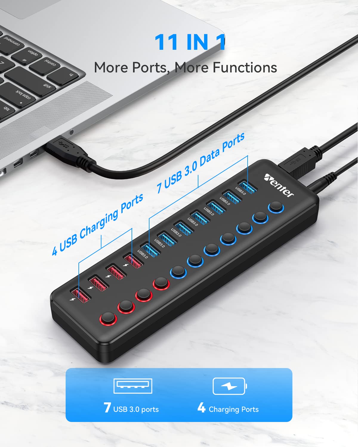Hub USB 3.0 Wenter 11 Puertos con Alimentación Inteligente para Mac, Windows, Chrome y Linux