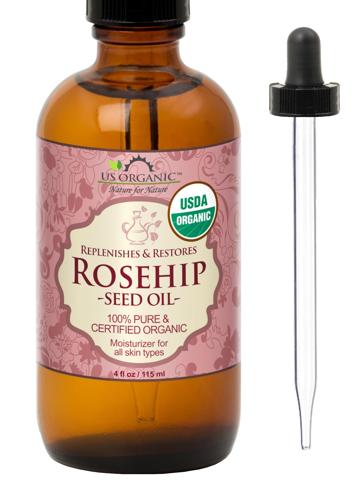 US Organic Aceite de Rosa Mosqueta Orgánico USDA, Prensado en Frío, 115 ml