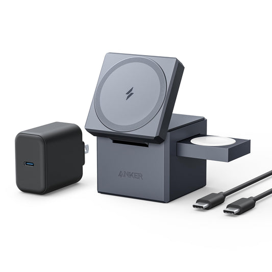 Cubo 3 en 1 Anker MagSafe Negro con Carga Inalámbrica 15 W para iPhone 15/14/13, Apple Watch y AirPods Pro