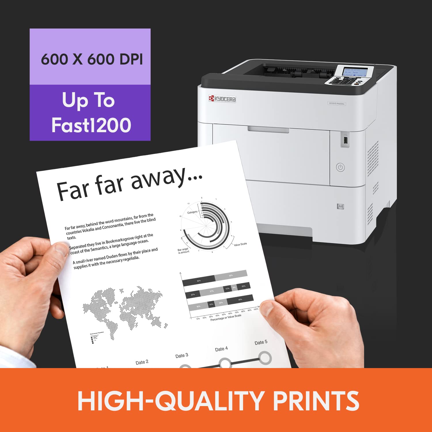 KYOCERA ECOSYS PA6000x Impresora láser monocromática, 62 ppm, 600 x 600 ppp y hasta 1200 ppp, bandeja de 600 hojas, MPT de 100 hojas, dúplex, LCD de 5 líneas con panel de llave dura, Gigabit Ethernet,
