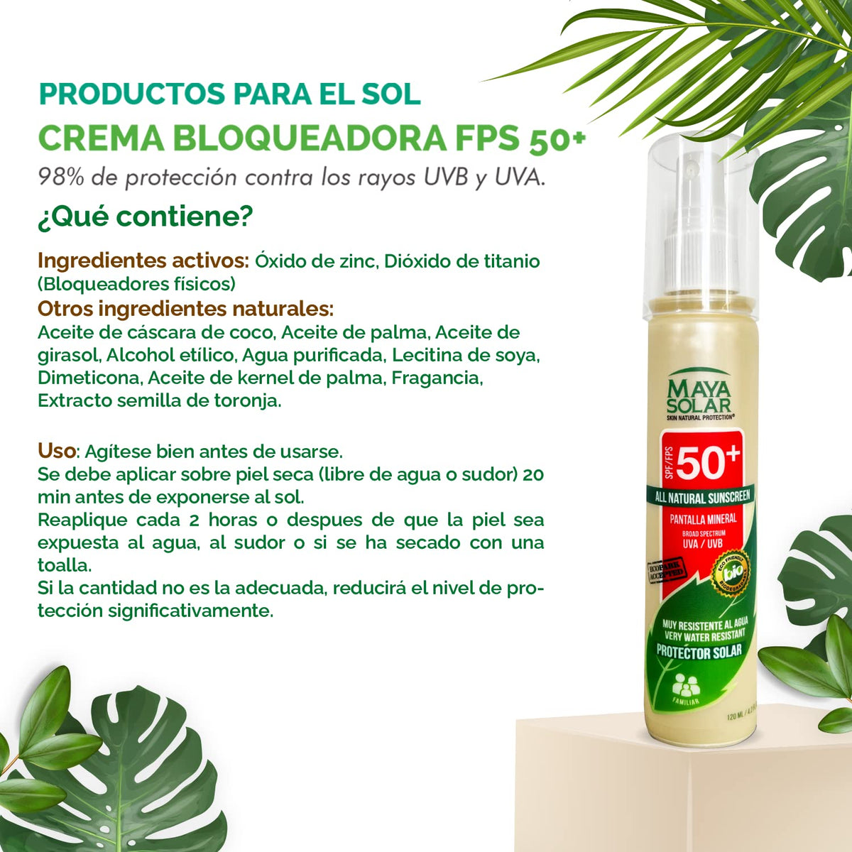 Maya Solar Bloqueador Solar Factor 50+ Atomizador de 120 ml Corporal Para Uso Diario