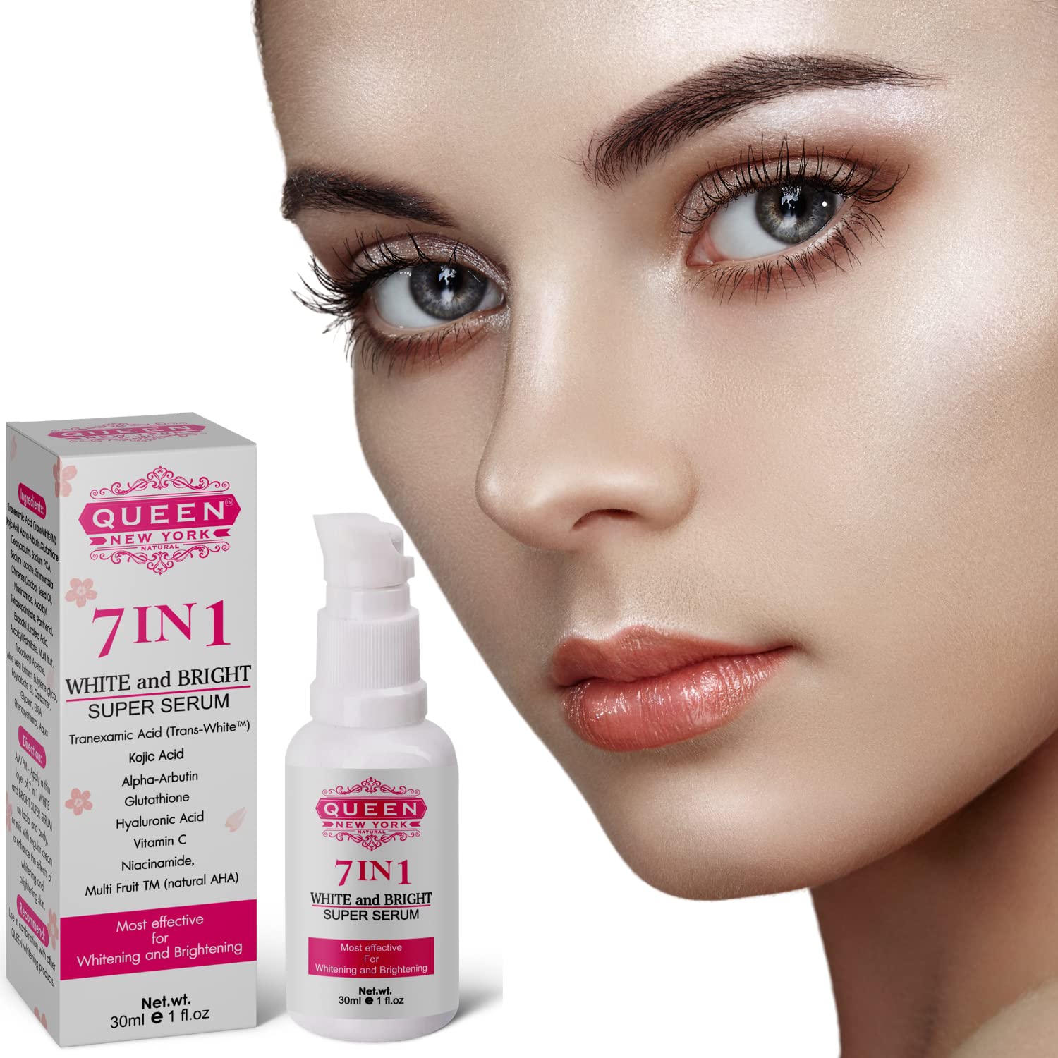 QUEEN NATURAL NEW YORK Ácido tranexómico 7 en 1 blanqueamiento y blanqueamiento Super Serum-Tranexamic Acid, Alpha arbutin, Glutathione, ácido hialurónico Vitamina C-Dark Spots, Hyper-pigmentation, Melasma Sun Damage (2 botellas)