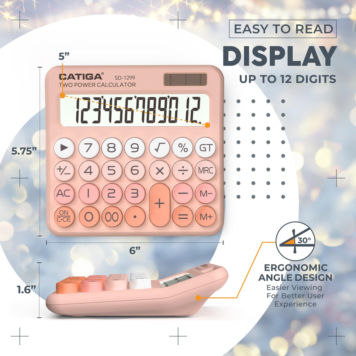 Calculadora CATIGA Negro Interruptor Mecánico con LCD Grande y Energía Solar de 12 Dígitos